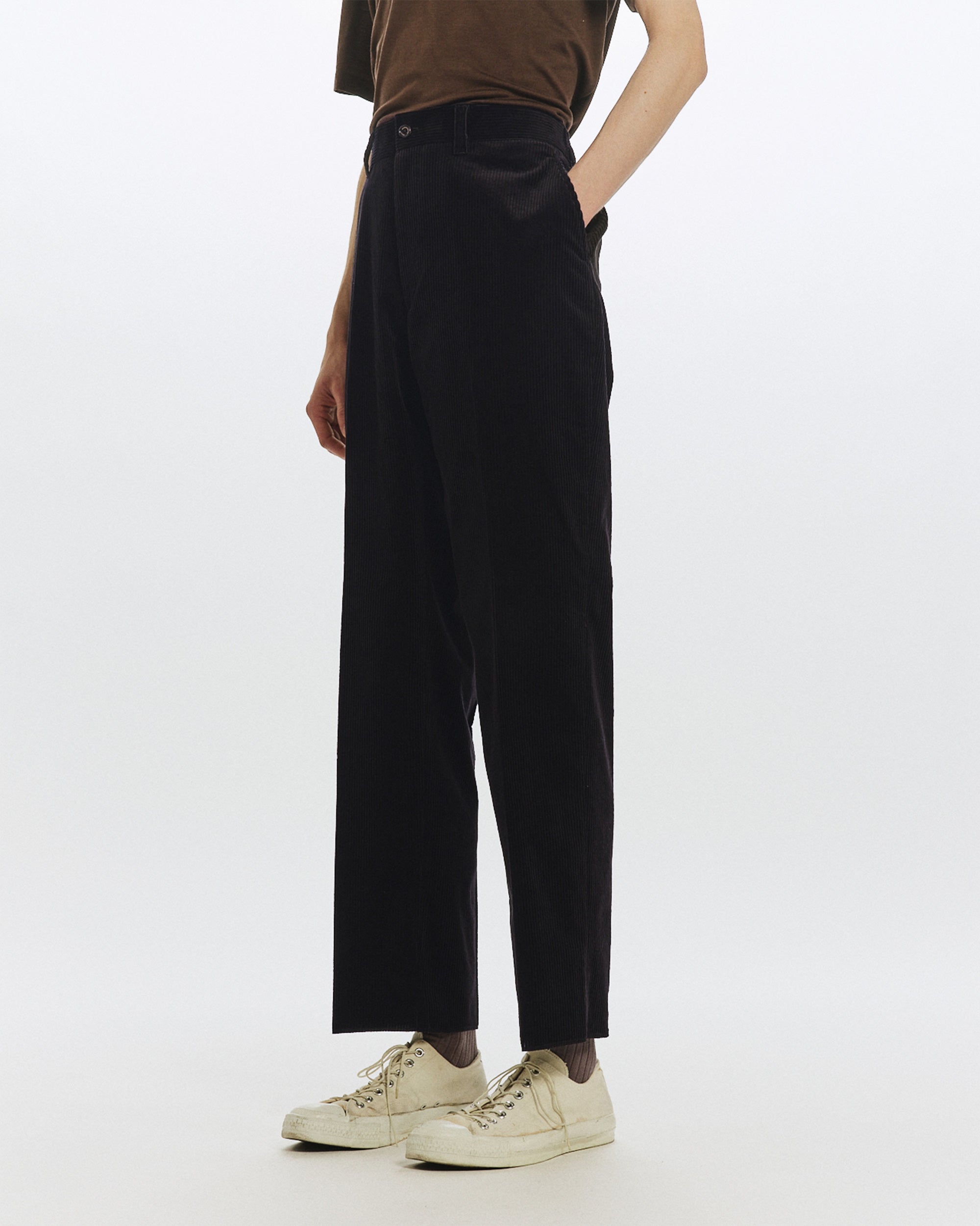 ORGANIC COTTON 6-WALE CORDUROY FLAT TAPERED CHINO TROUSERS, Black