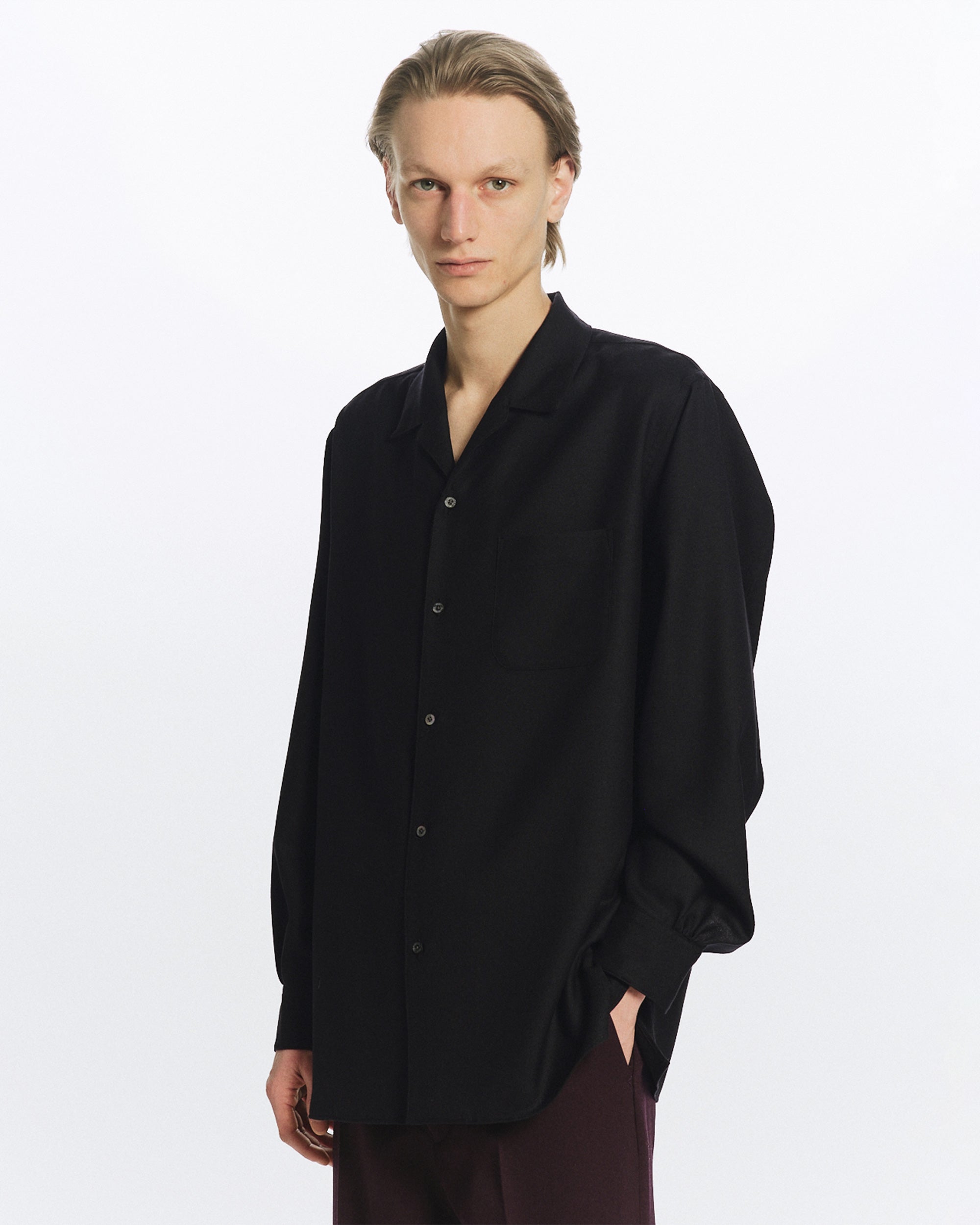2/80 ORGANIC WOOL VIYELLA ITALIAN OPEN COLLAR SHIRT, Black