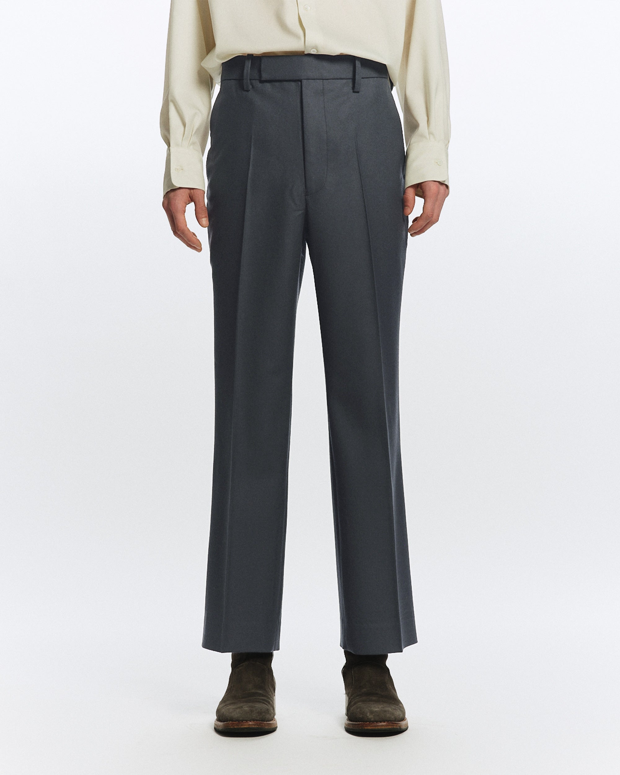 2/80 ORGANIC WOOL FLANNEL SLIM-STRAIGHT TROUSERS, Forest Gray