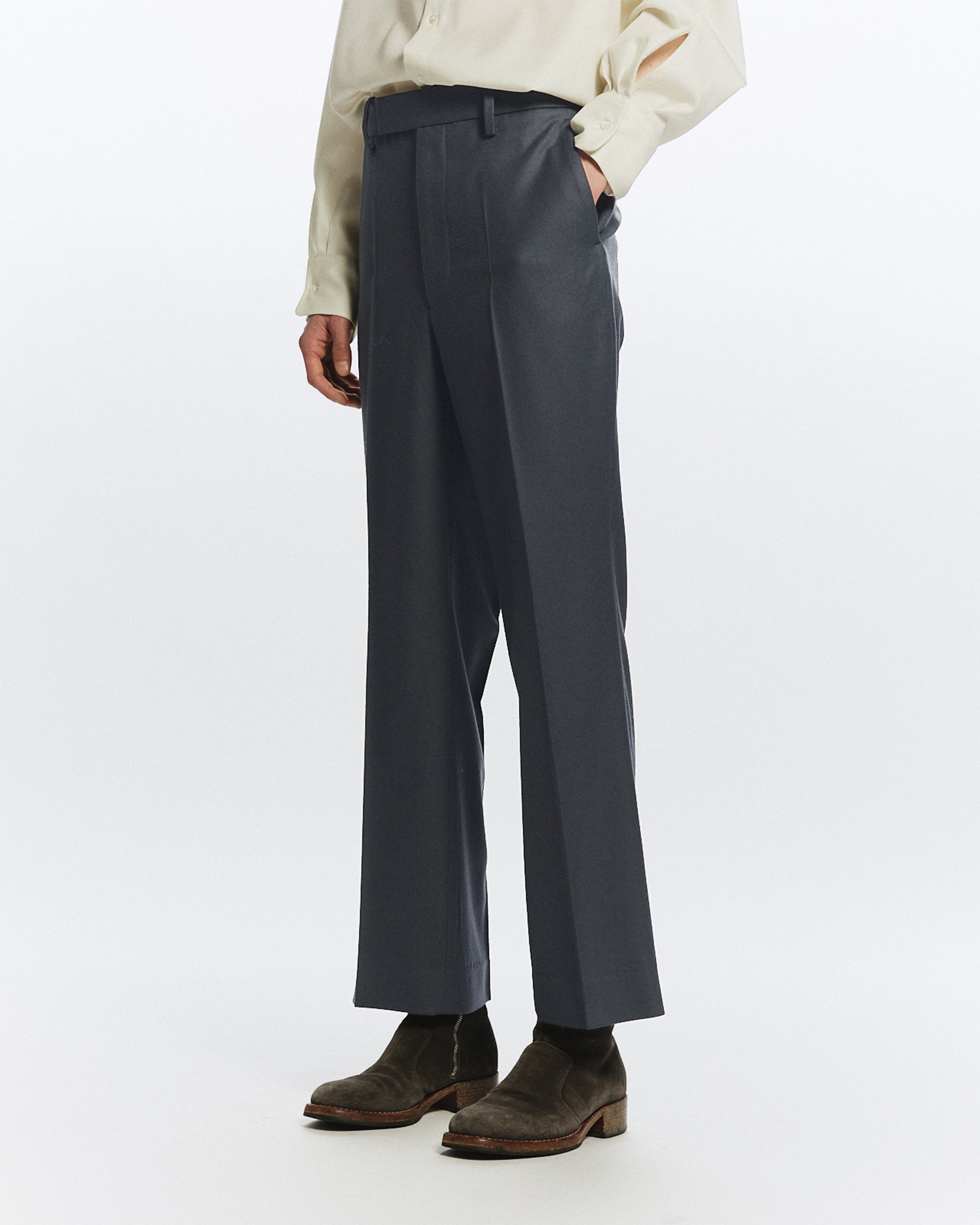 2/80 ORGANIC WOOL FLANNEL SLIM-STRAIGHT TROUSERS, Forest Gray