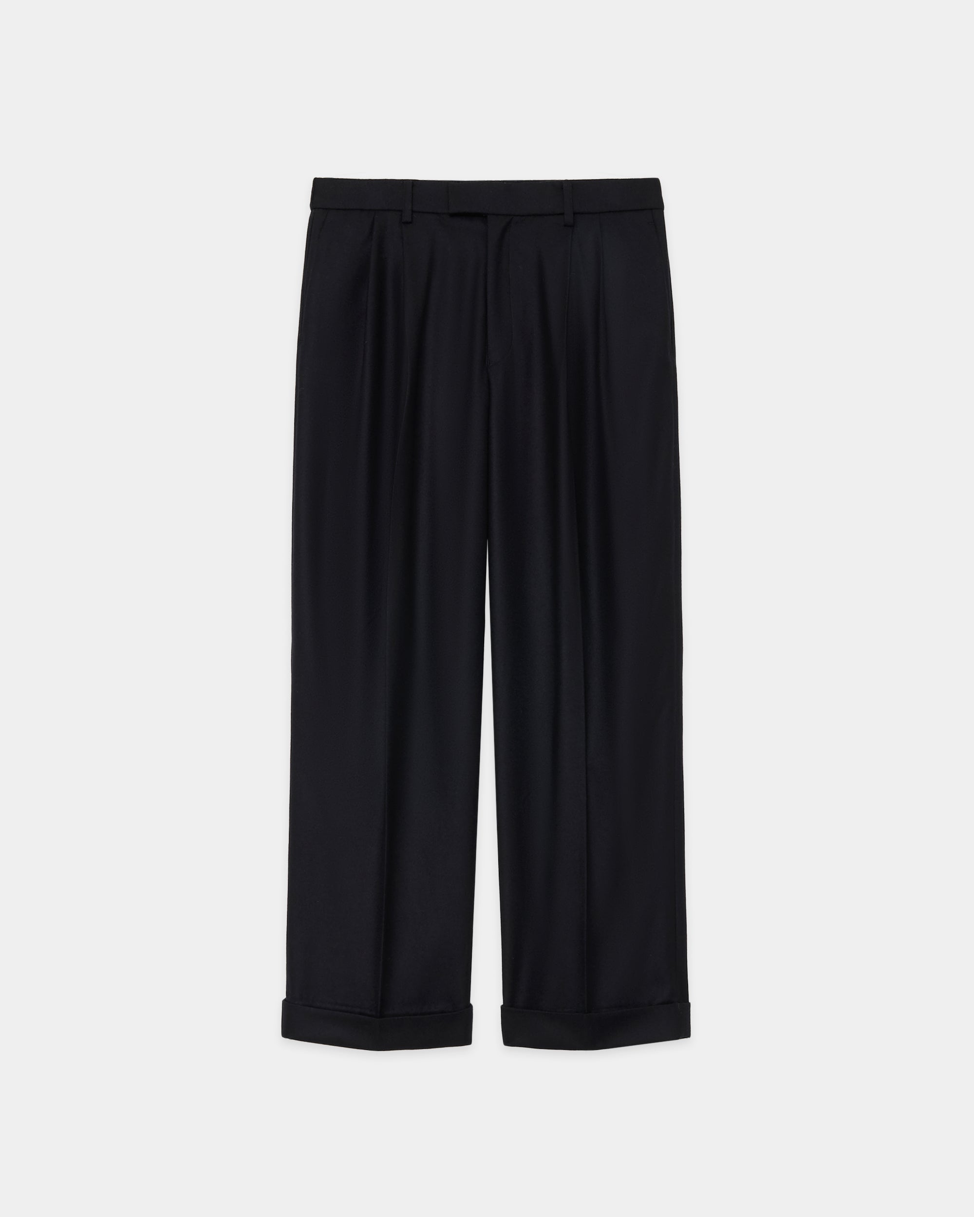 2/80 ORGANIC WOOL FLANNEL DOUBLE PLEATED WIDE TROUSERS, Black