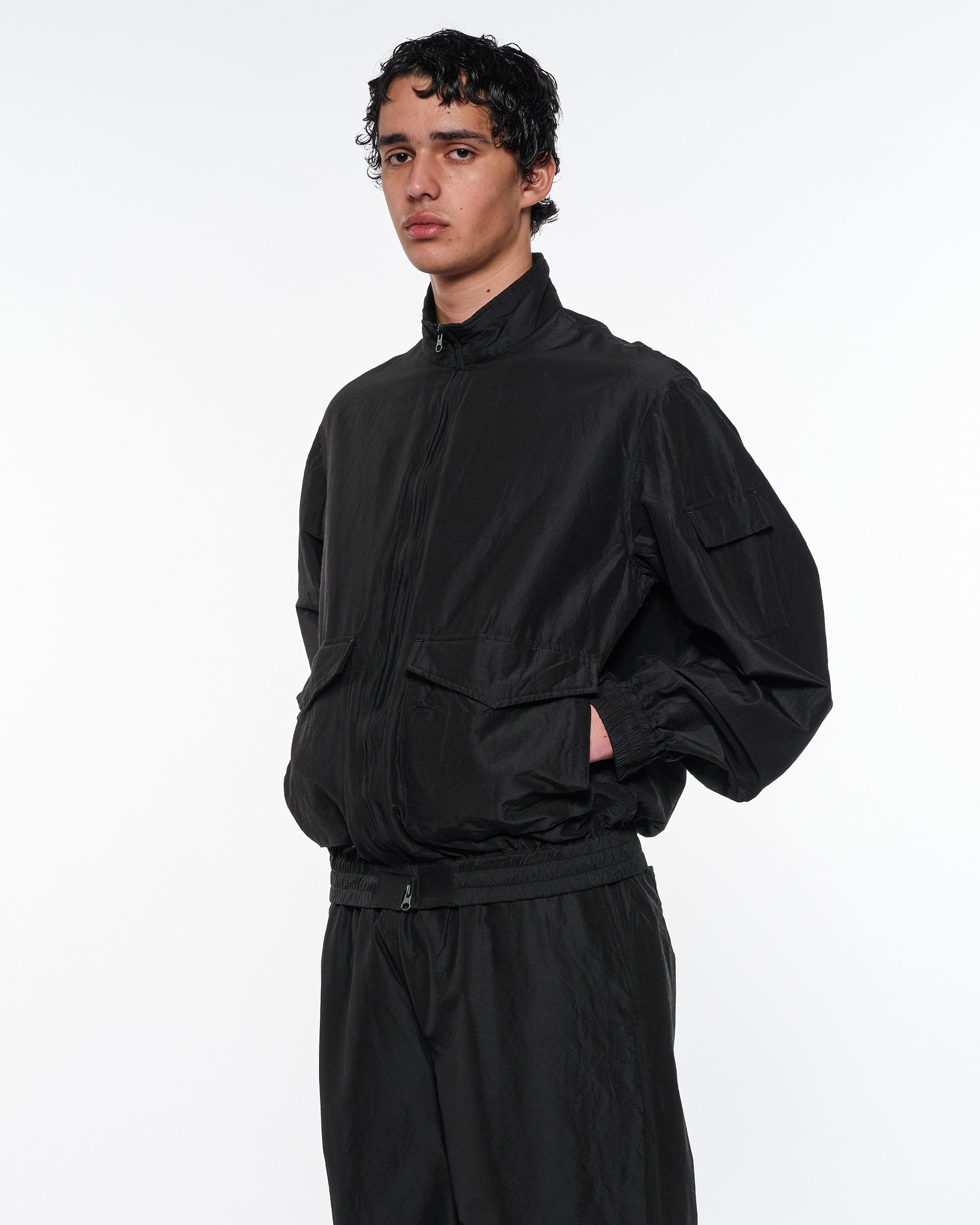 Wool Silk High Count Typewriter Flight Jacket, Chambray Black
