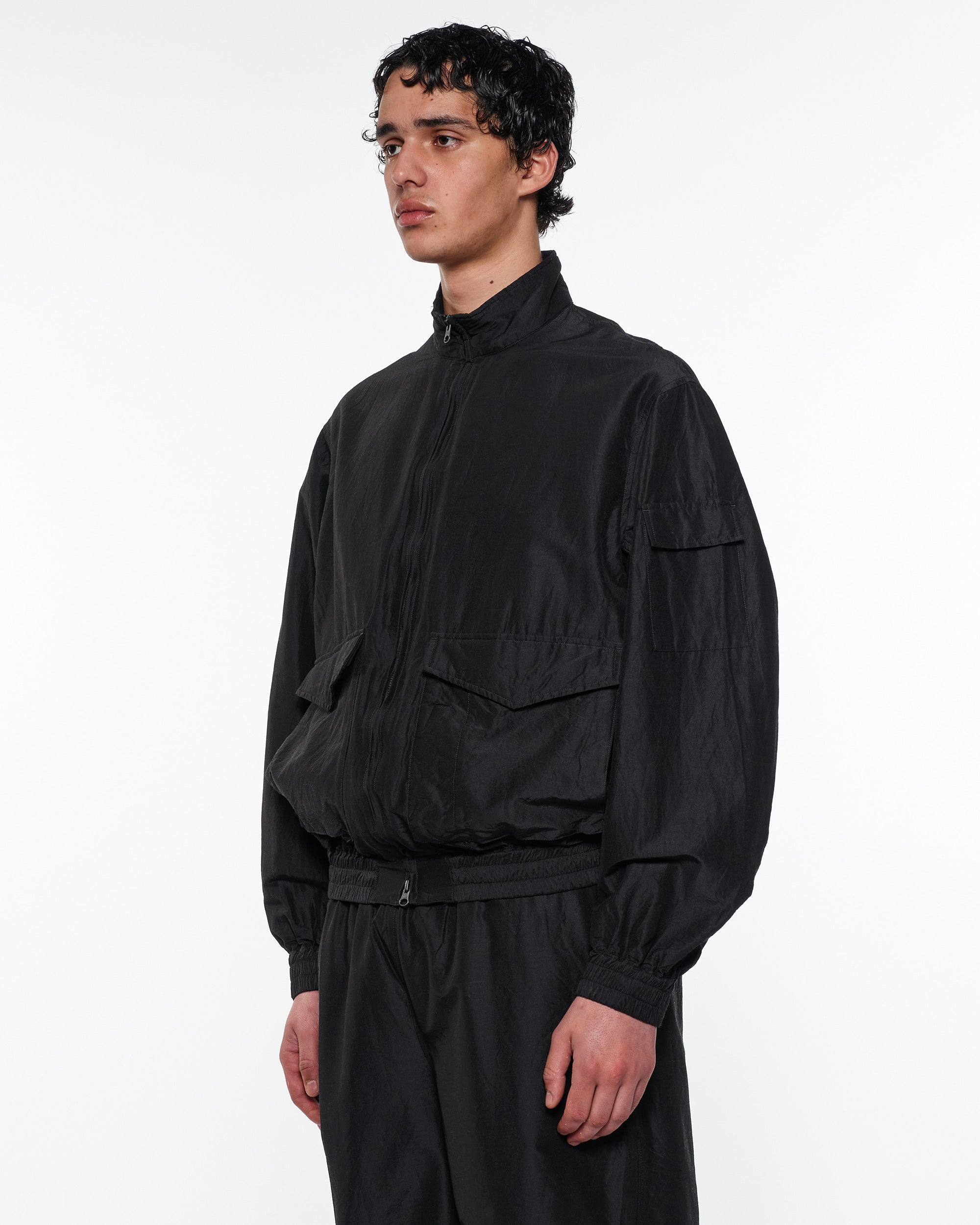 Wool Silk High Count Typewriter Flight Jacket, Chambray Black