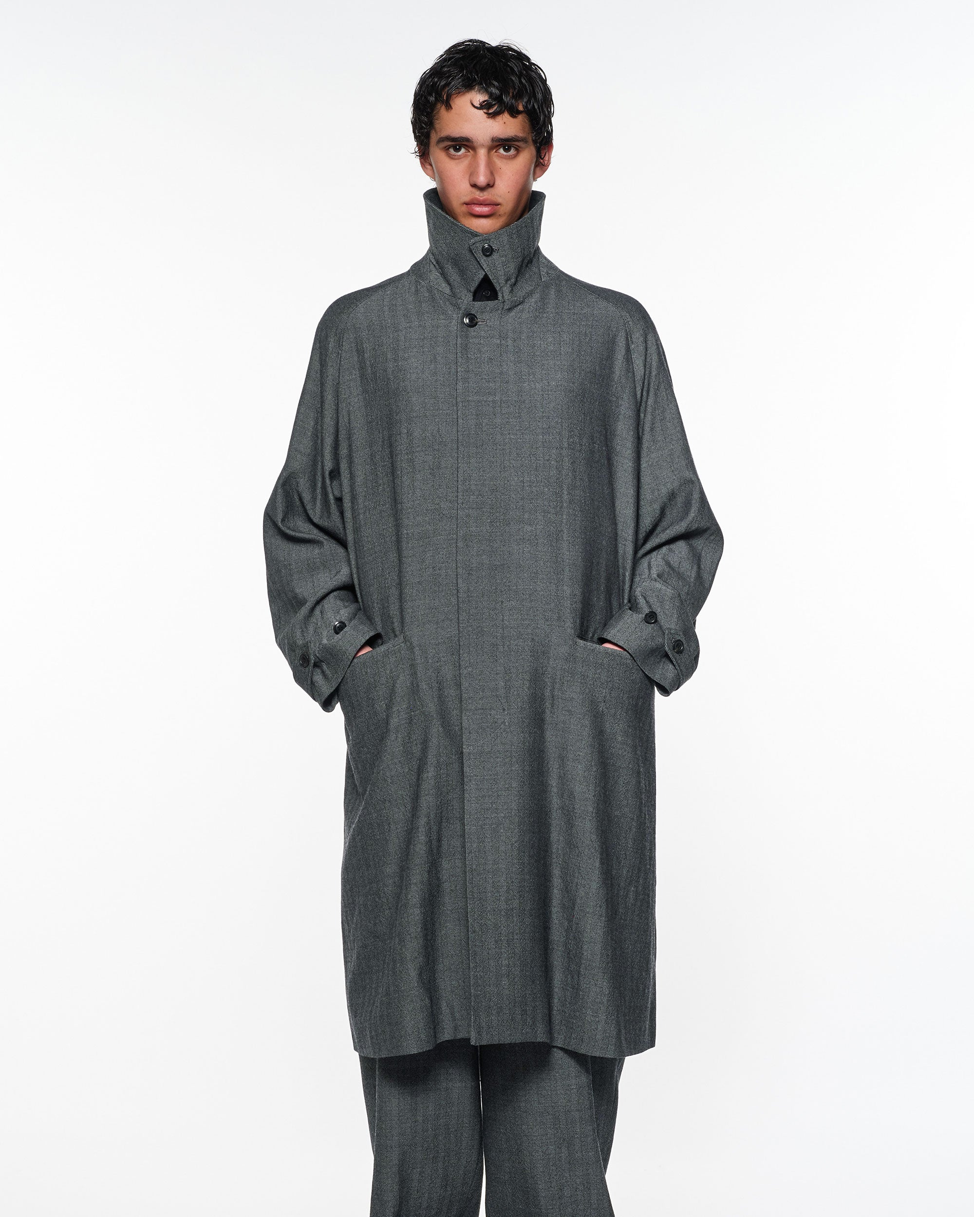 Tumbled Wool Serge Raglan Sleeve Coat, Herringbone