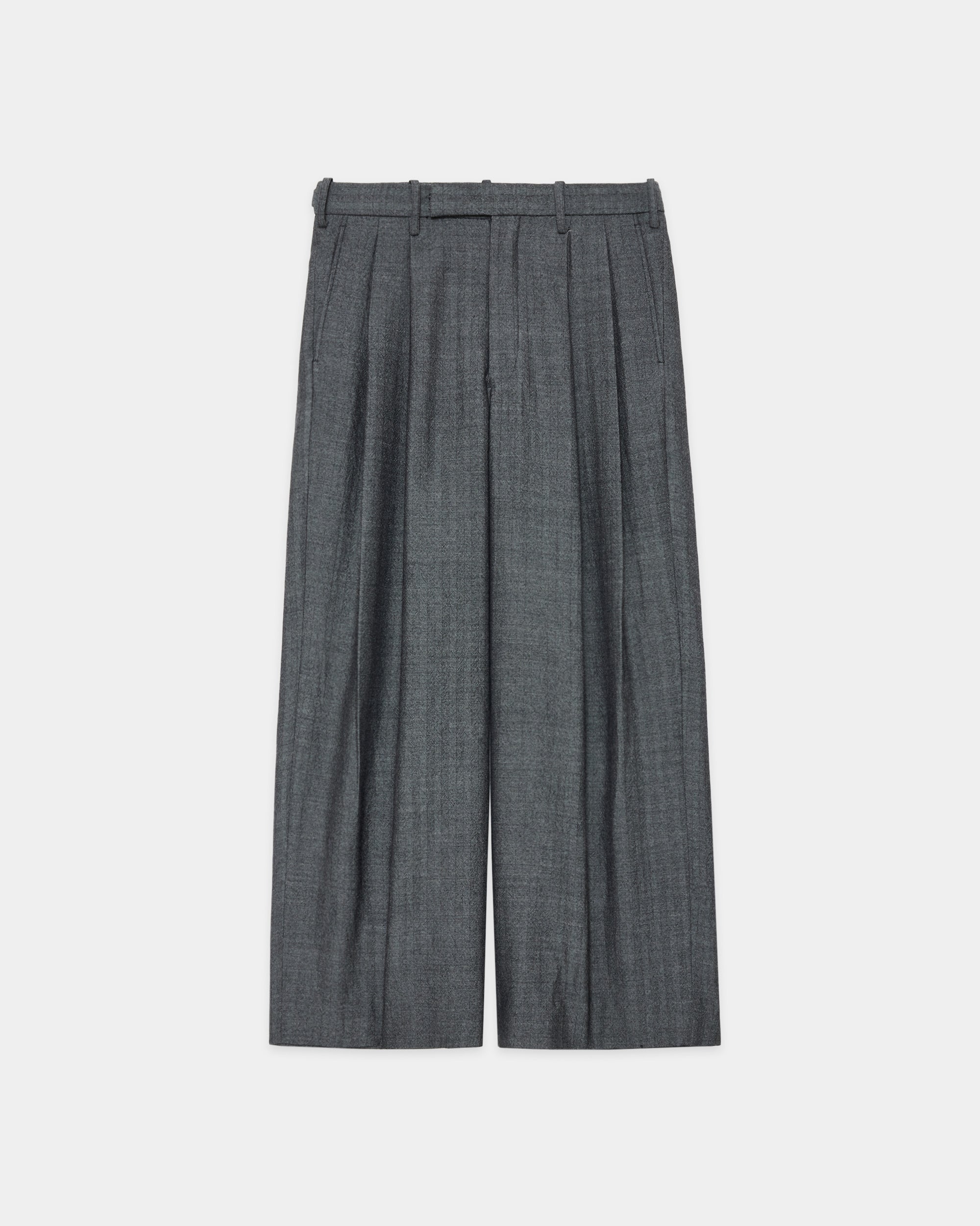 Tumbled Wool Serge Two Tuck Baggy Trousers, Herringbone