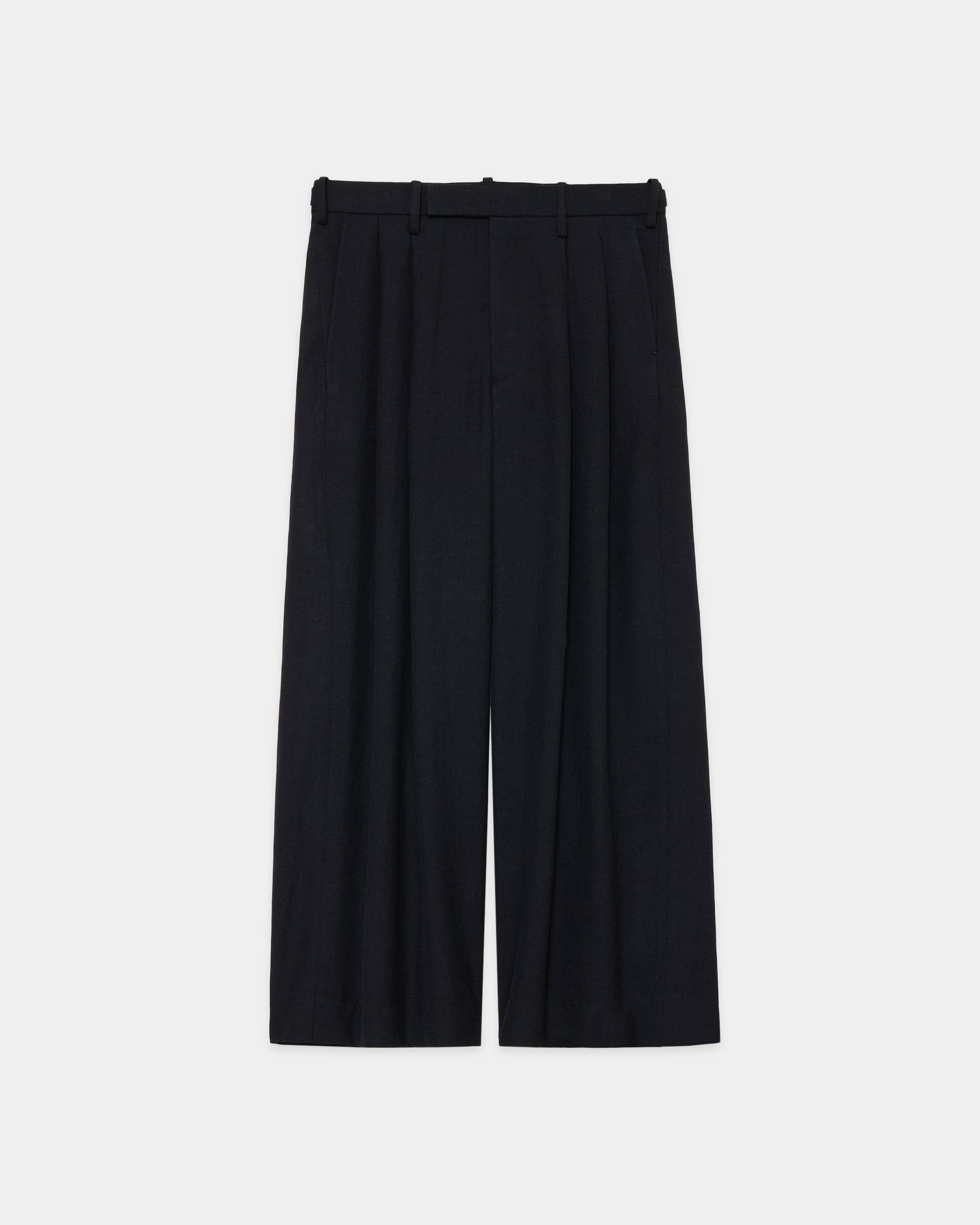 Tumbled Wool Serge Two Tuck Baggy Trousers, Chambray Black