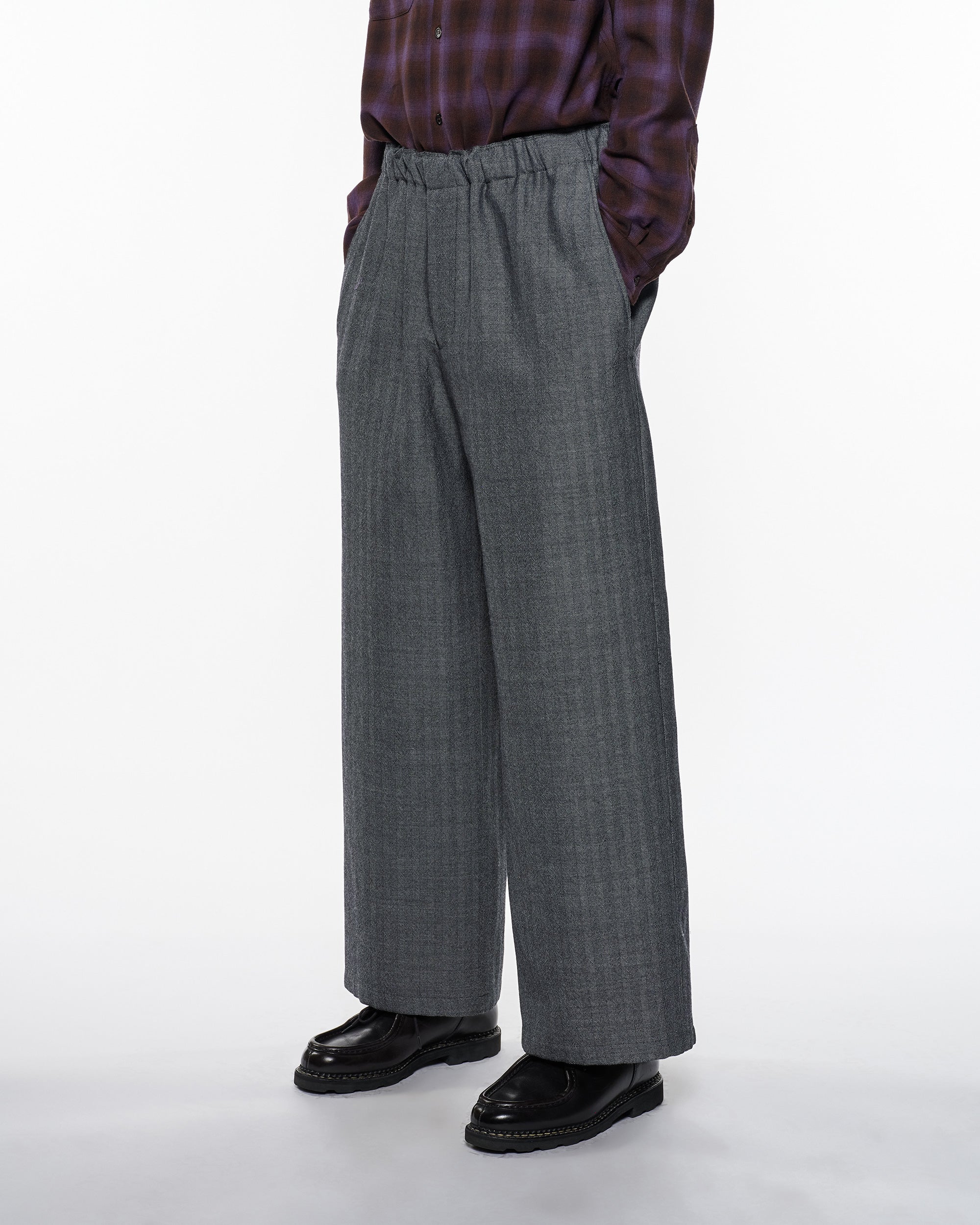 Tumbled Wool Serge Wide Leg Easy Pants, Herringbone