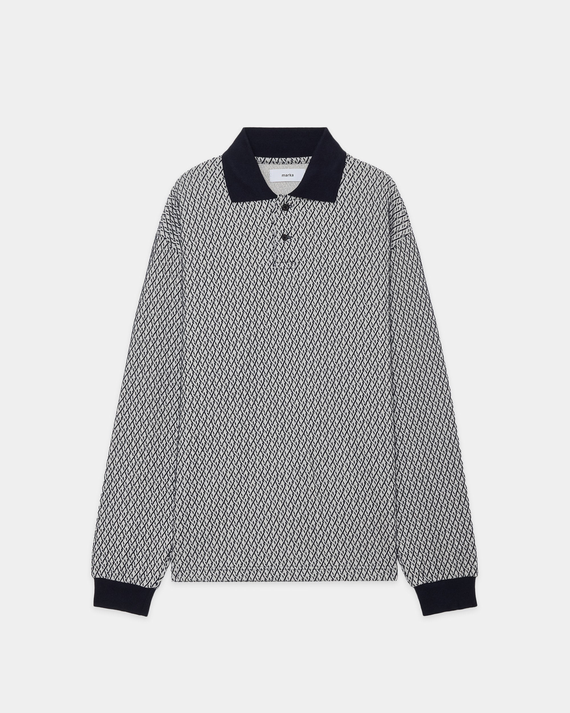 Organic Cotton Geometric Jacquard Two Button Polo L/S Tee, Ivory × Navy