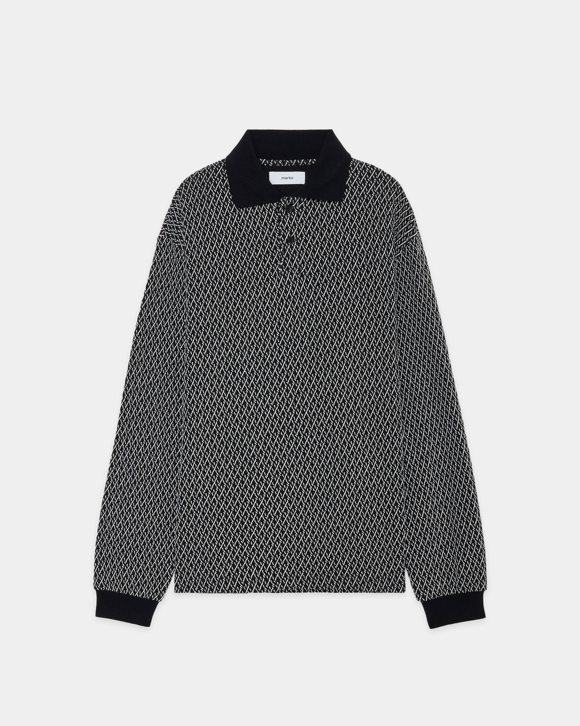 Organic Cotton Geometric Jacquard Two Button Polo L/S Tee, Black × Ivory