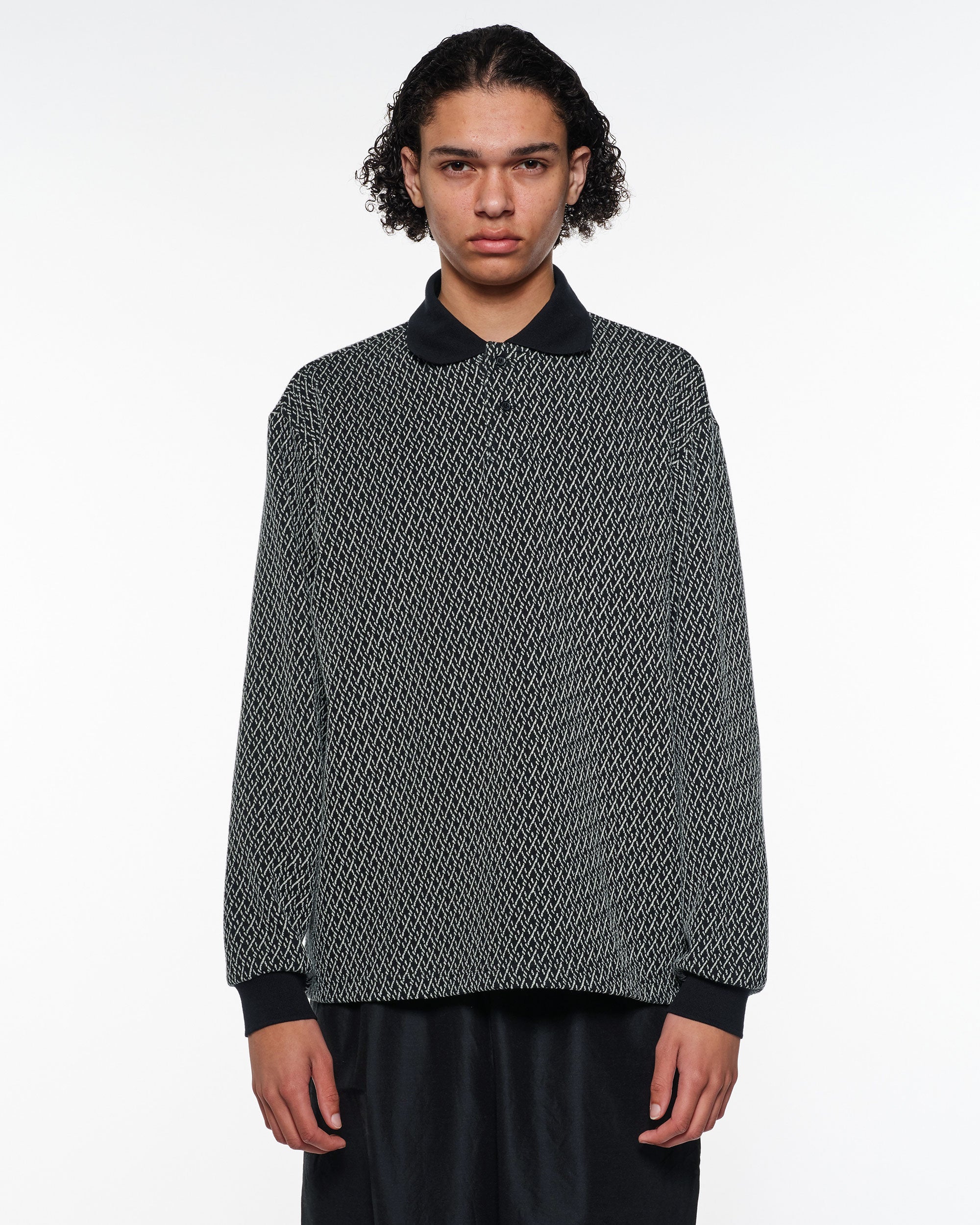 Organic Cotton Geometric Jacquard Two Button Polo L/S Tee, Black × Ivory