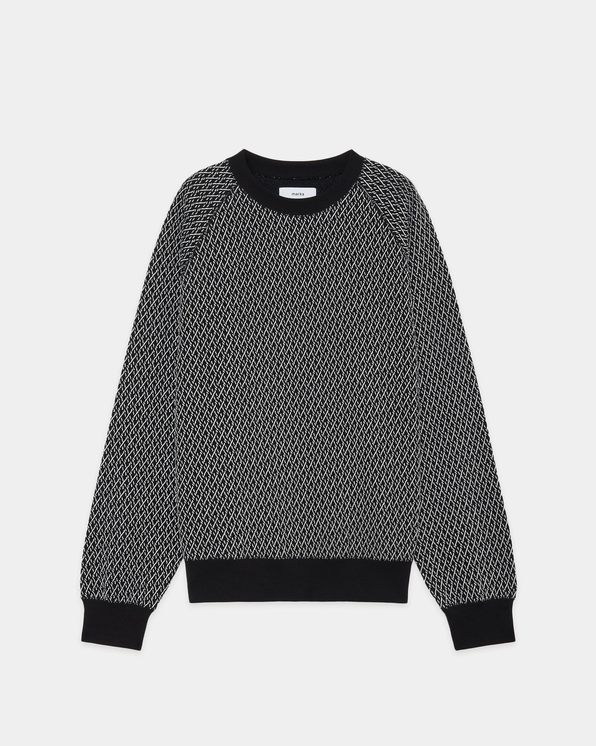 Organic Cotton Geometric Jacquard Raglan Crew Neck, Black × Ivory