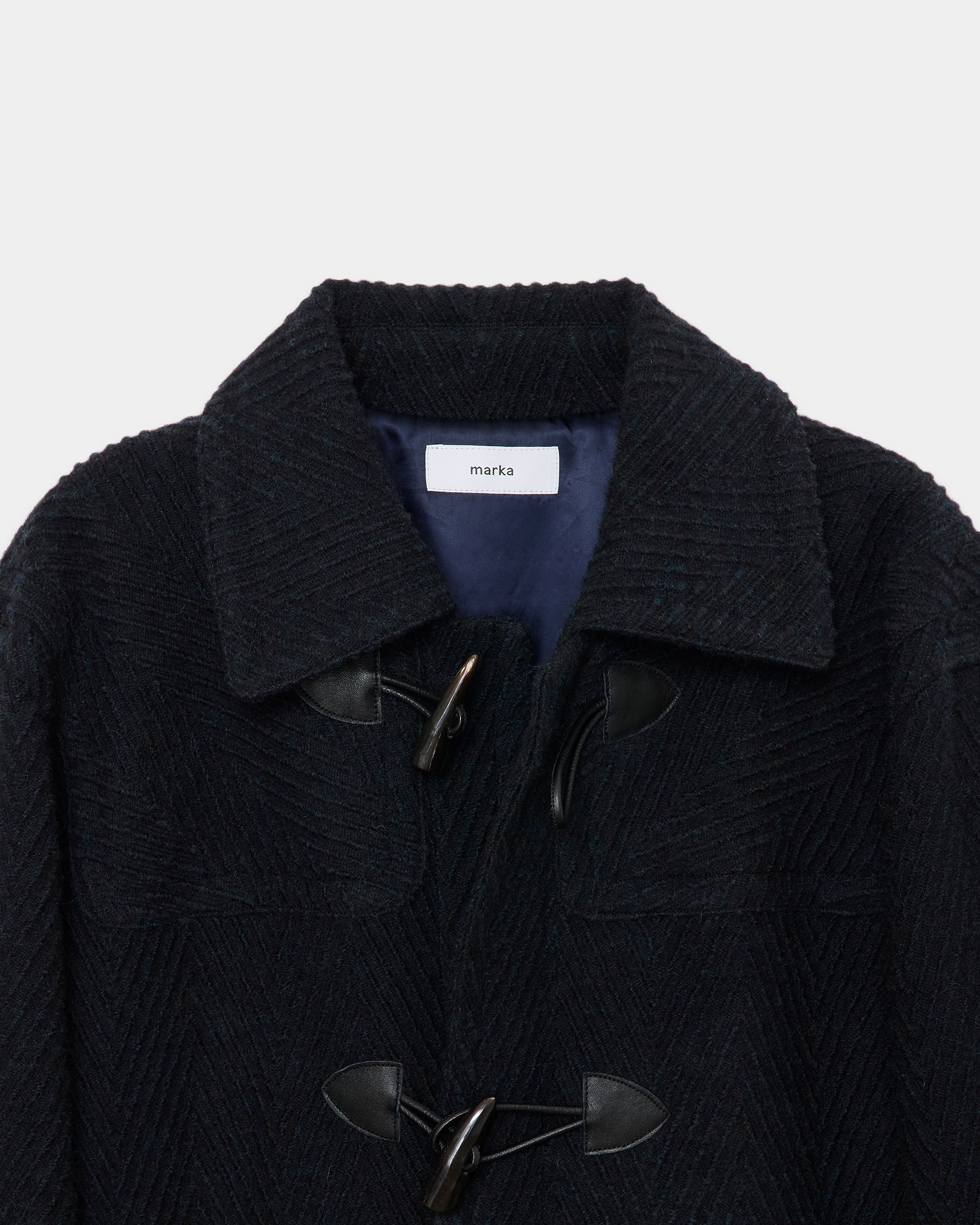 Shetland Wool Organic Cotton Big Herringbone Duffle Coat, Top Black