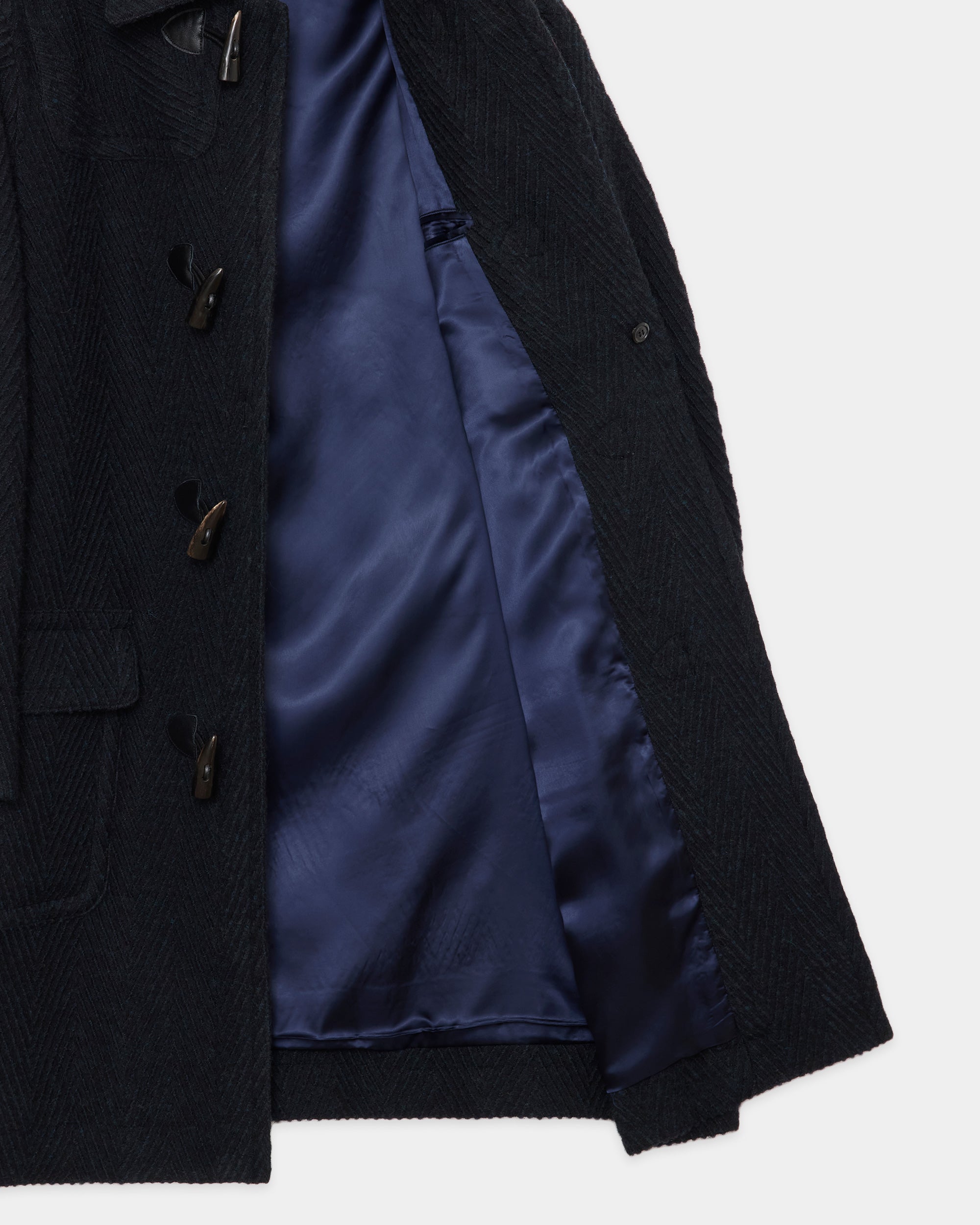 Shetland Wool Organic Cotton Big Herringbone Duffle Coat, Top Black