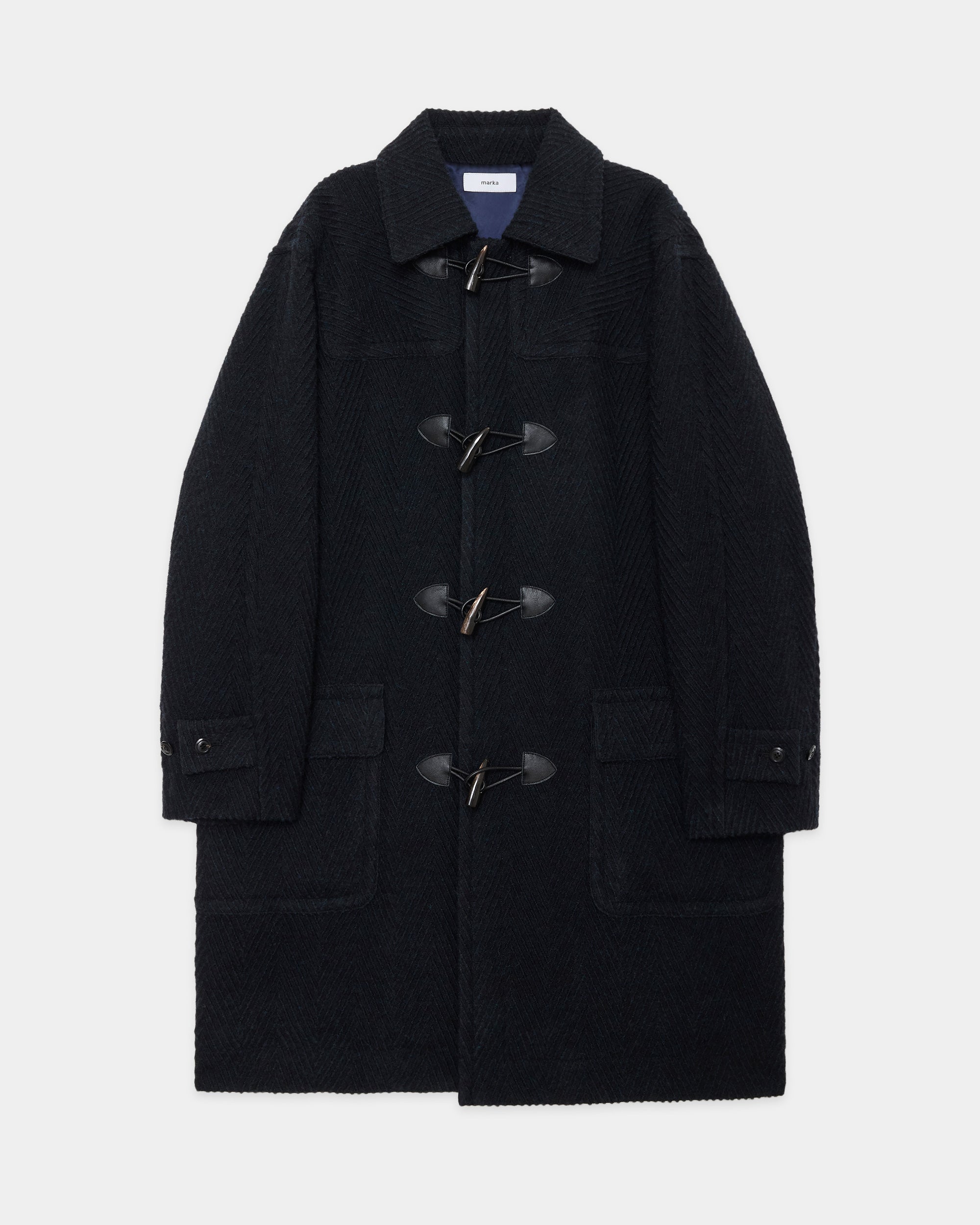 Shetland Wool Organic Cotton Big Herringbone Duffle Coat, Top Black