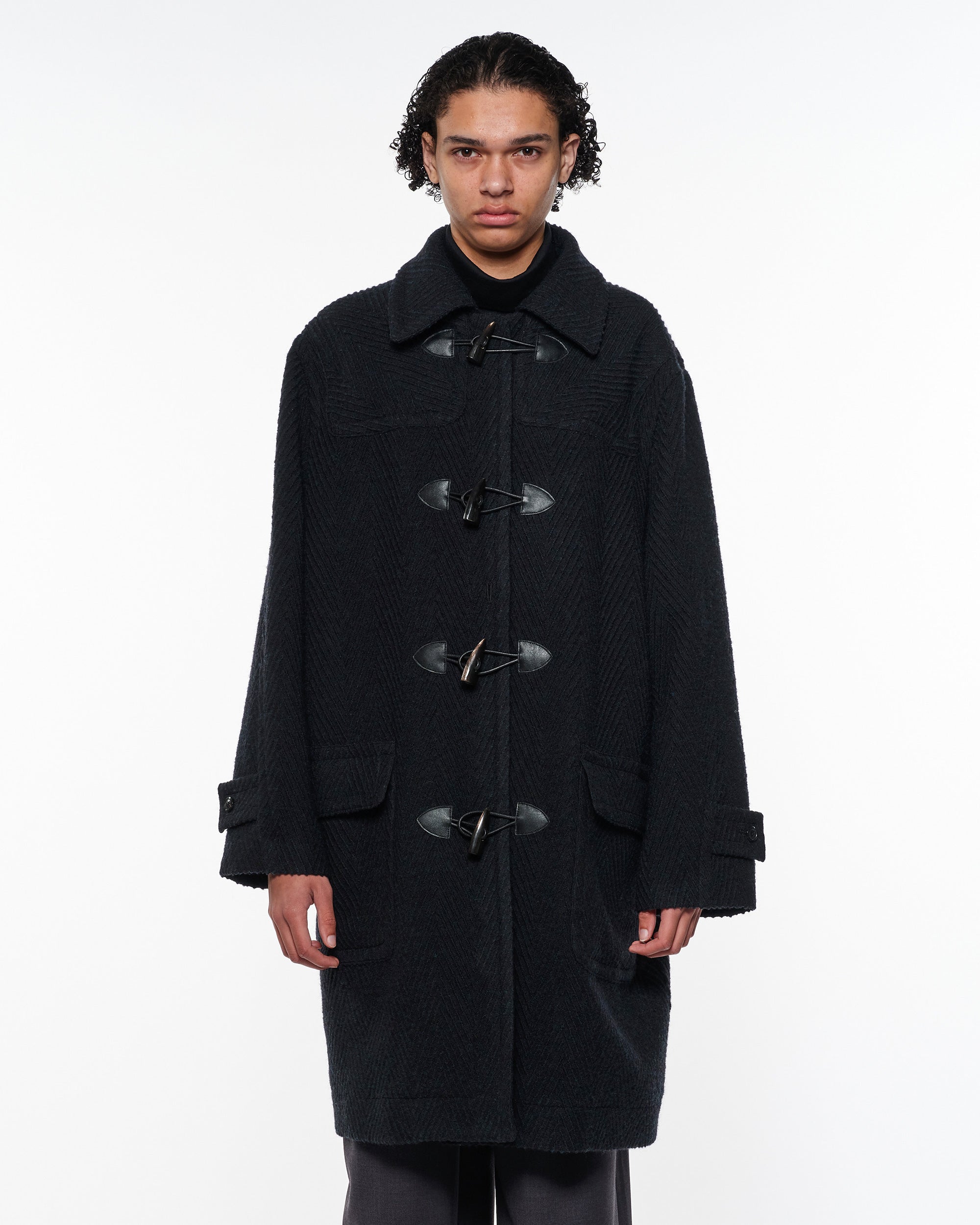 Shetland Wool Organic Cotton Big Herringbone Duffle Coat, Top Black