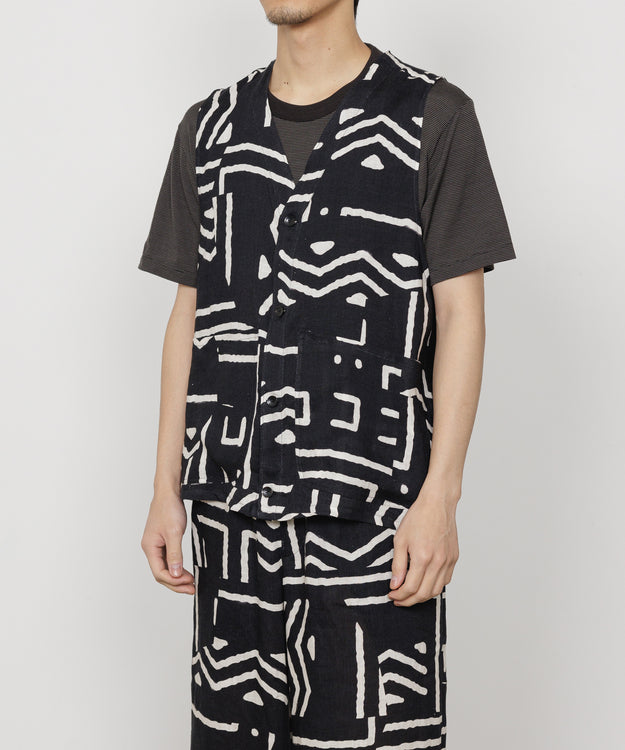 LINEN TROPICAL FIELDMAN VEST, Black x Ivory