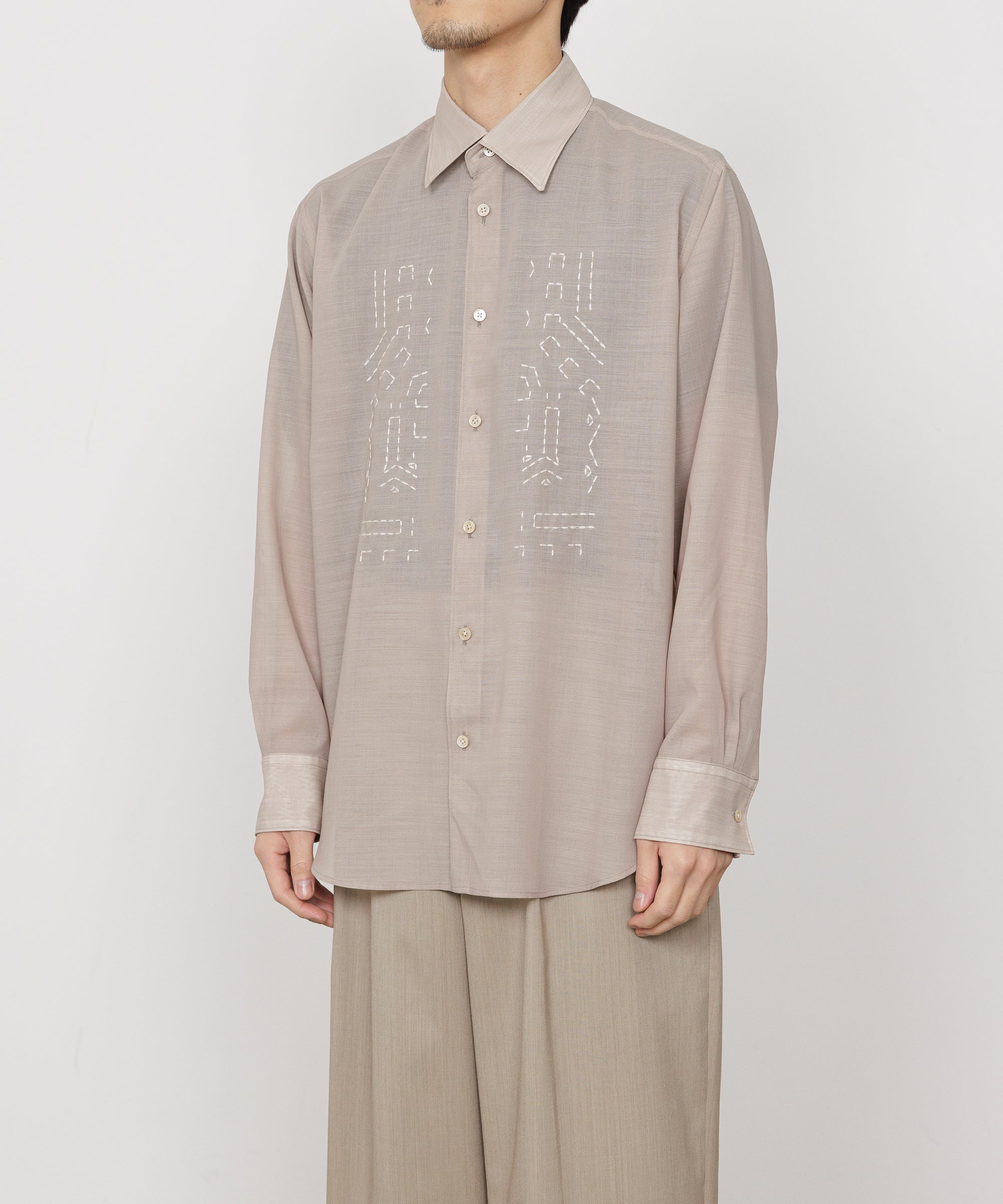 Wool×Recycle Polyester Tropical Embroidery Regular Collar Shirt, Beige
