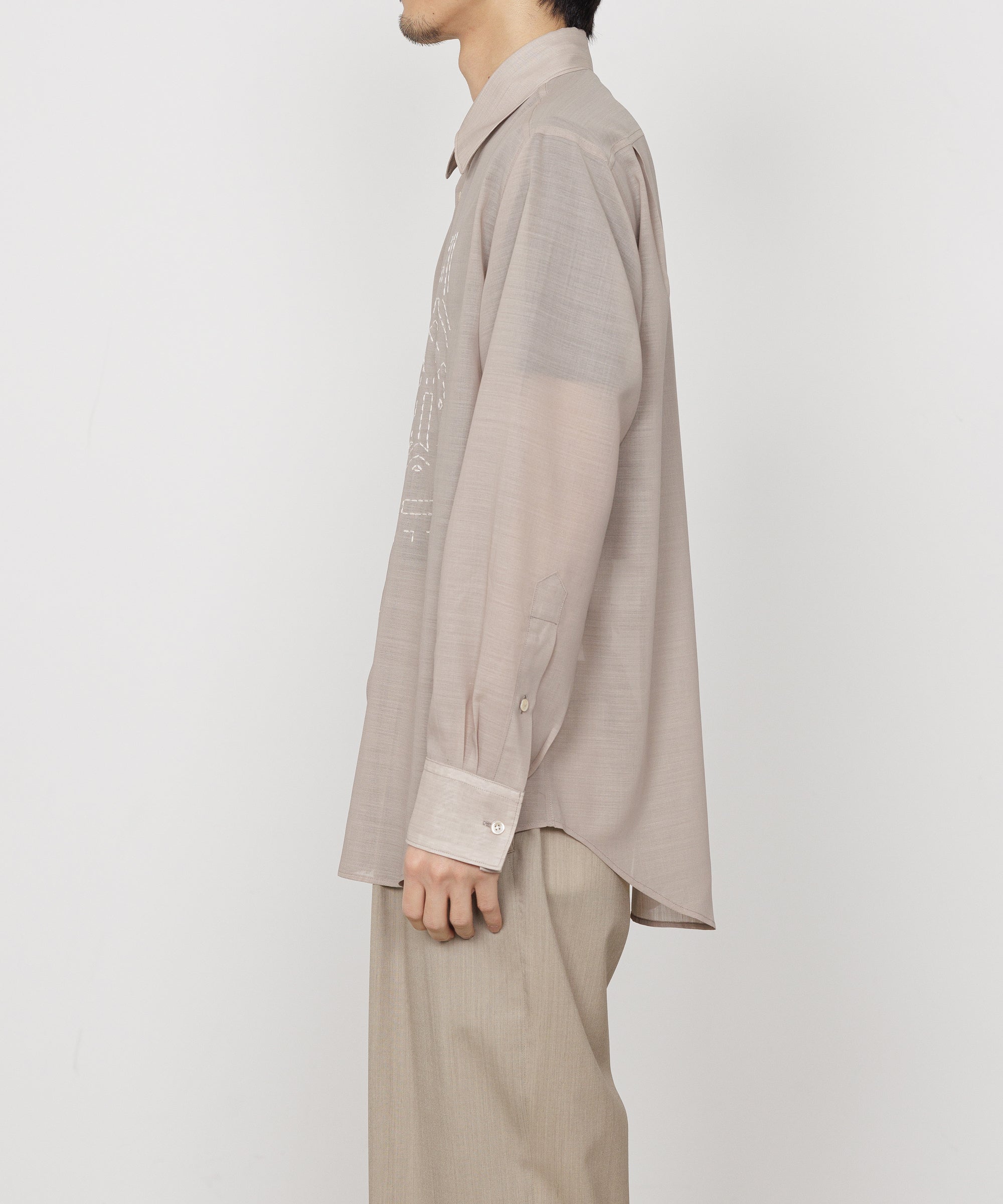 Wool×Recycle Polyester Tropical Embroidery Regular Collar Shirt, Beige