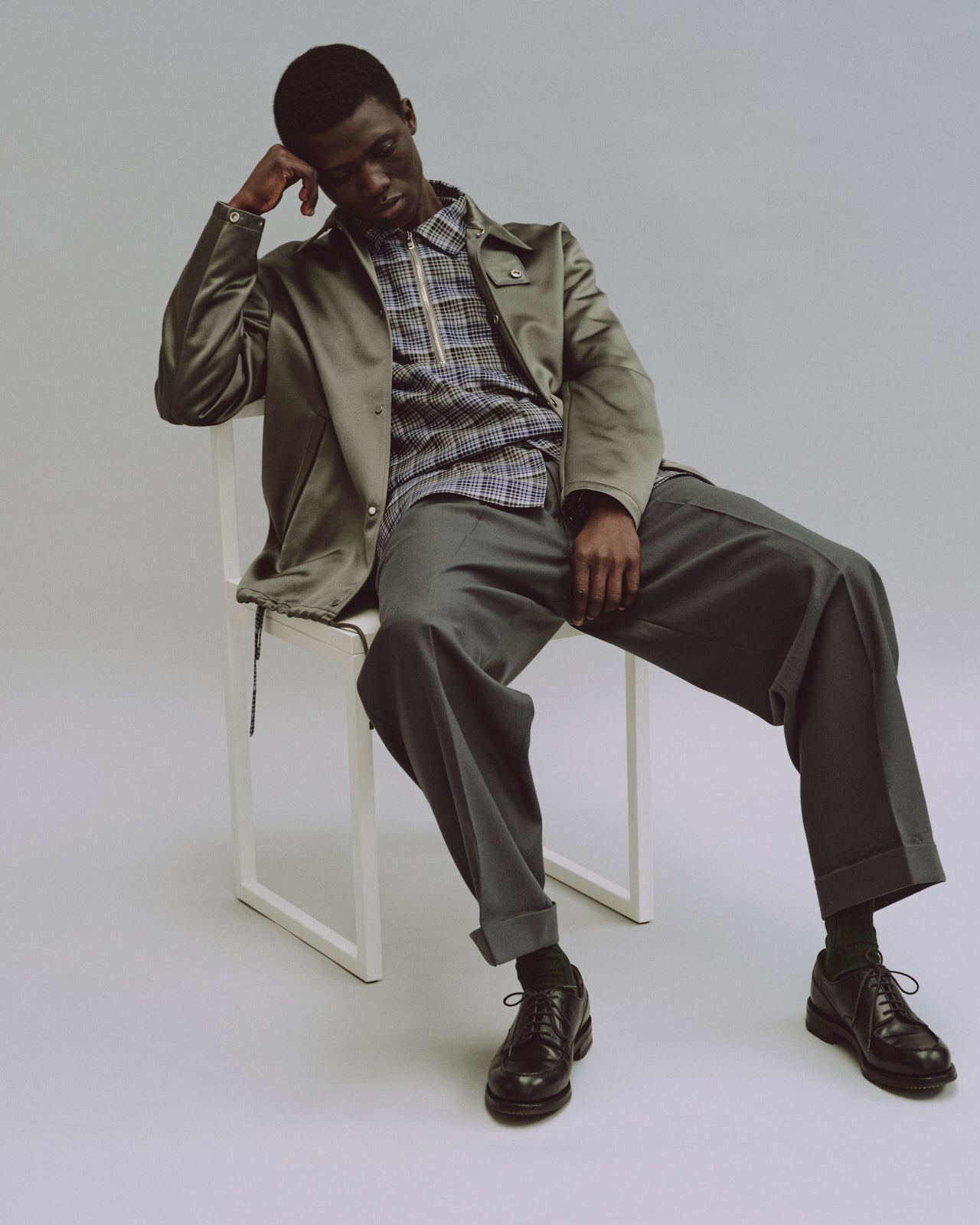 BRATAC SILK × CASHMERE SATIN COACH JACKET II, Sage Green