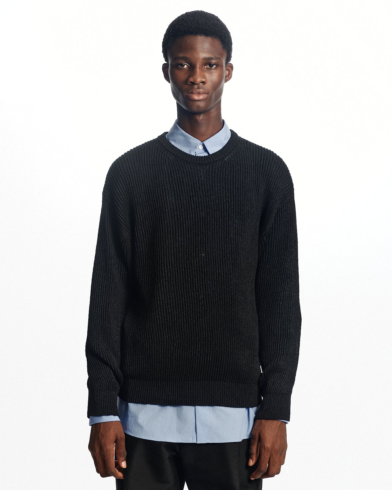 オーガニックコットンx和紙xシルクヤーン / クルーネックリブジャンパー, Black