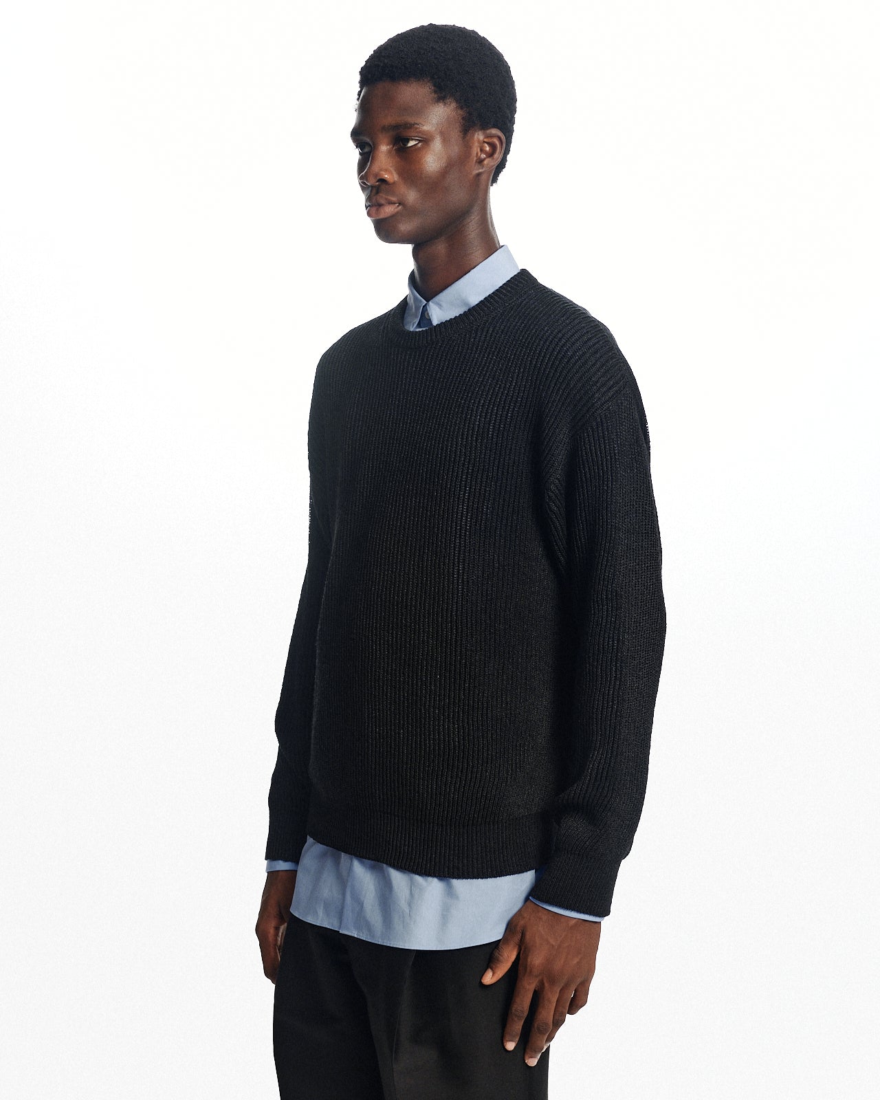 オーガニックコットンx和紙xシルクヤーン / クルーネックリブジャンパー, Black