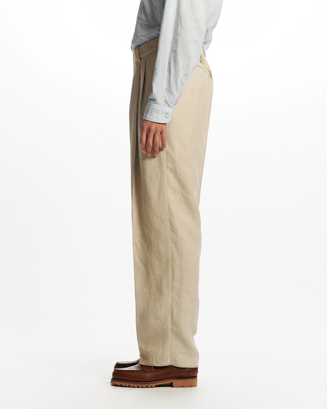 80/1ヘンプタイプライター / ダブルプリーテッドクラシックワイドトラウザーズ, Beige