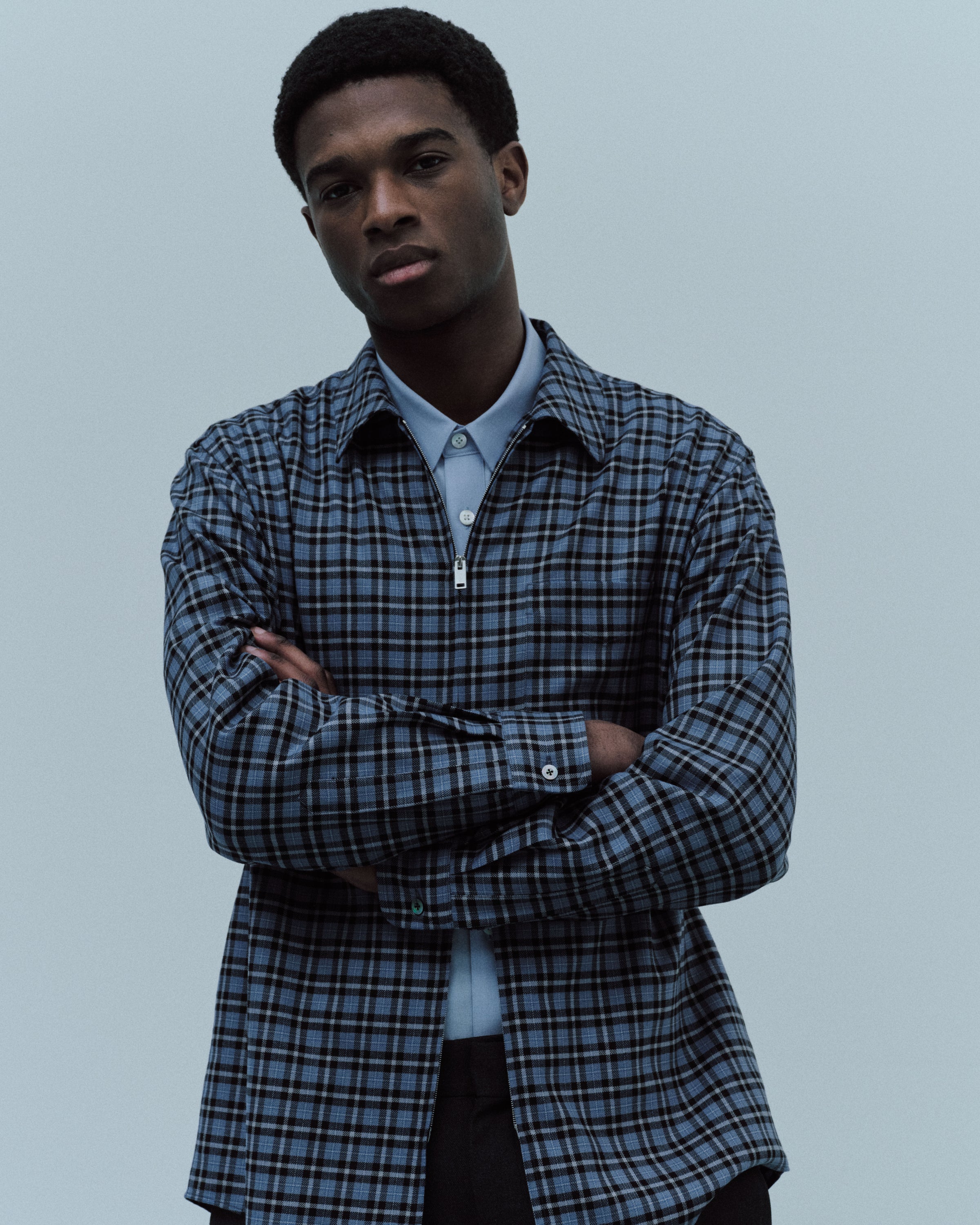 Organic Wool Viyella / Zip Shirt, Blue Check
