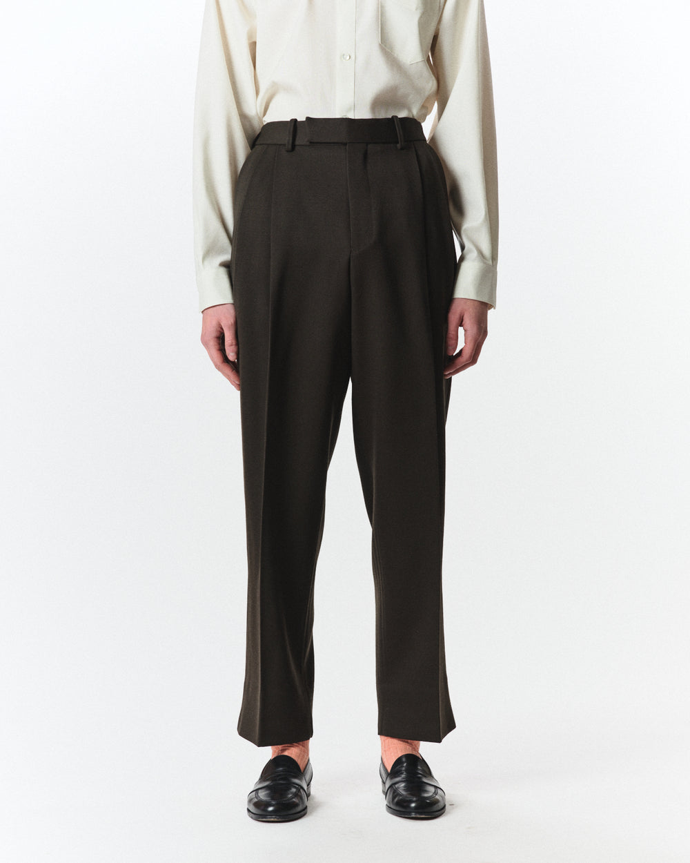 Polwarth Tuxedo Cloth / Double Pleated Semi Easy Trousers, Dark Olive