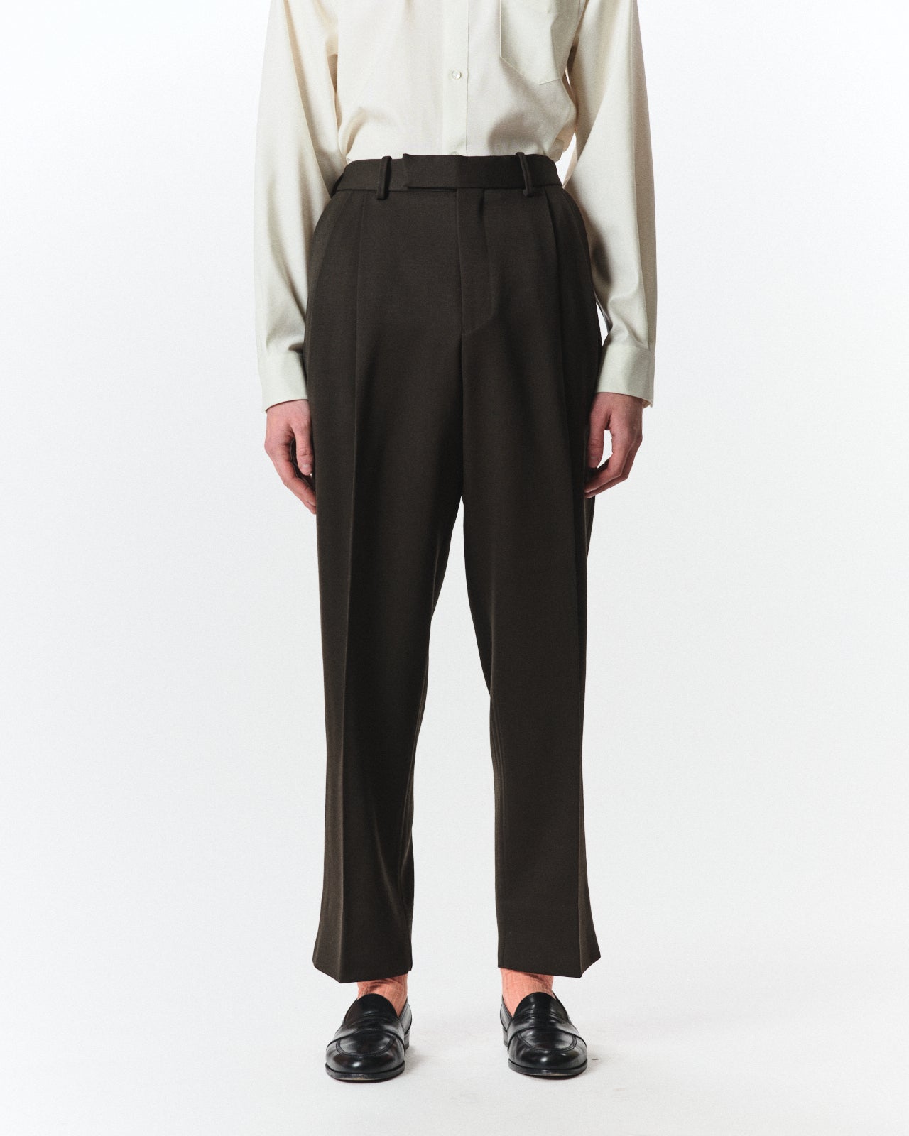 Polwarth Tuxedo Cloth / Double Pleated Semi Easy Trousers, Dark Olive