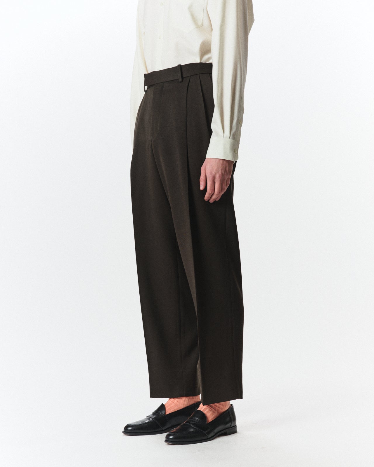 Polwarth Tuxedo Cloth / Double Pleated Semi Easy Trousers, Dark Olive