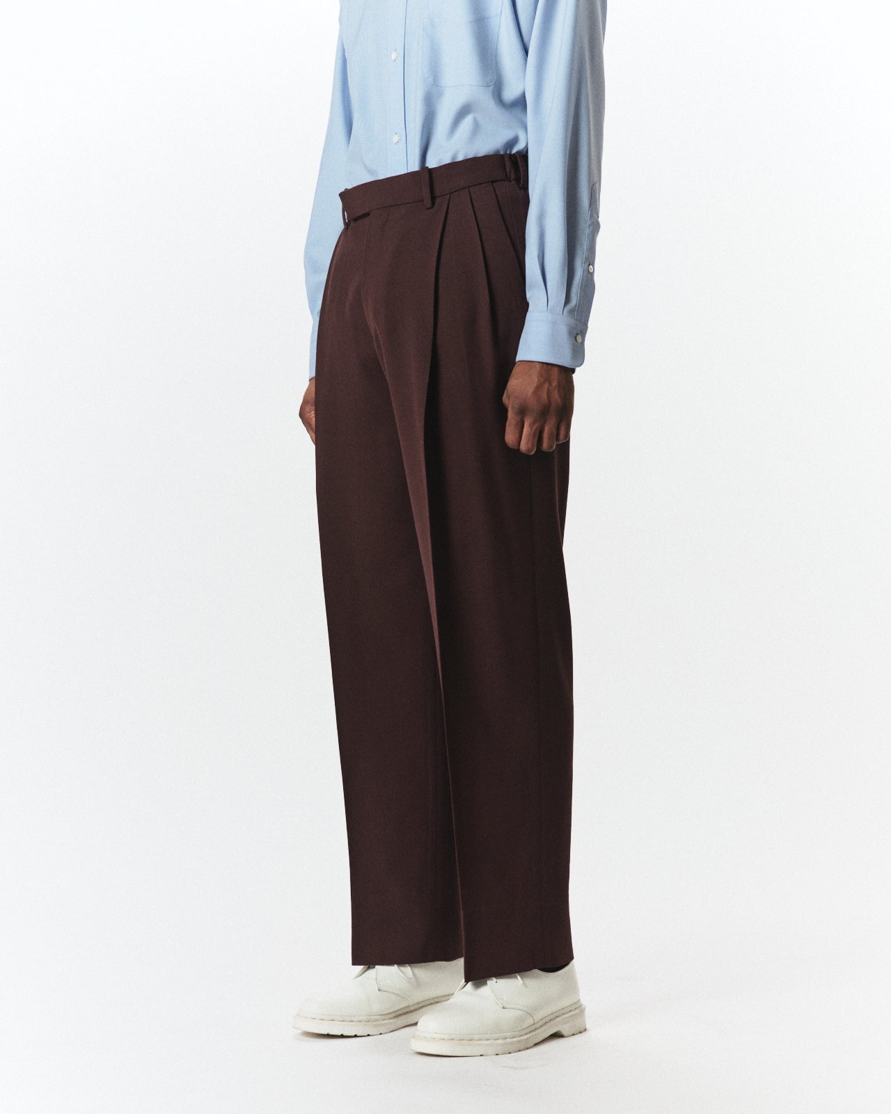 Organic Wool Survival Cloth / Double Pleated Semi Easy Trousers, Dark Brown