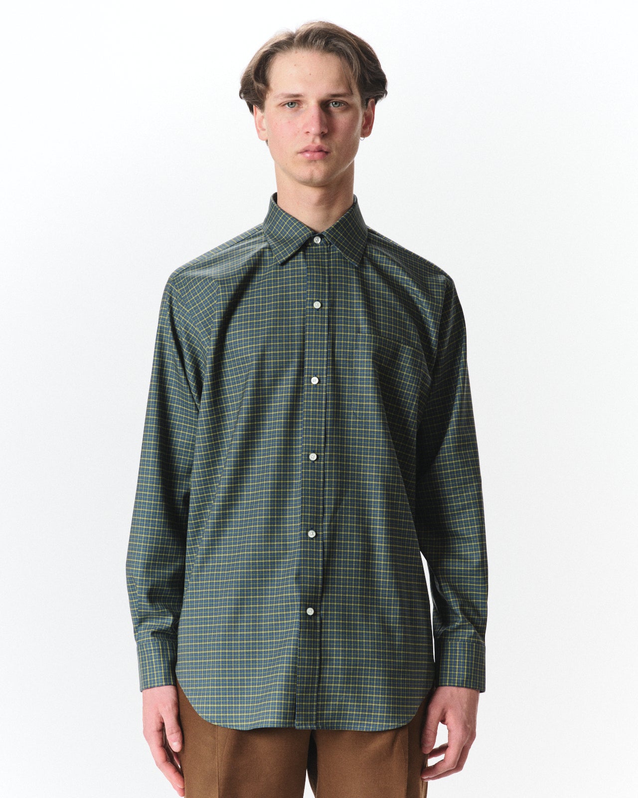 Super 160s Washable Wool Oxford / Regular Fit Dress Shirt, Green Check