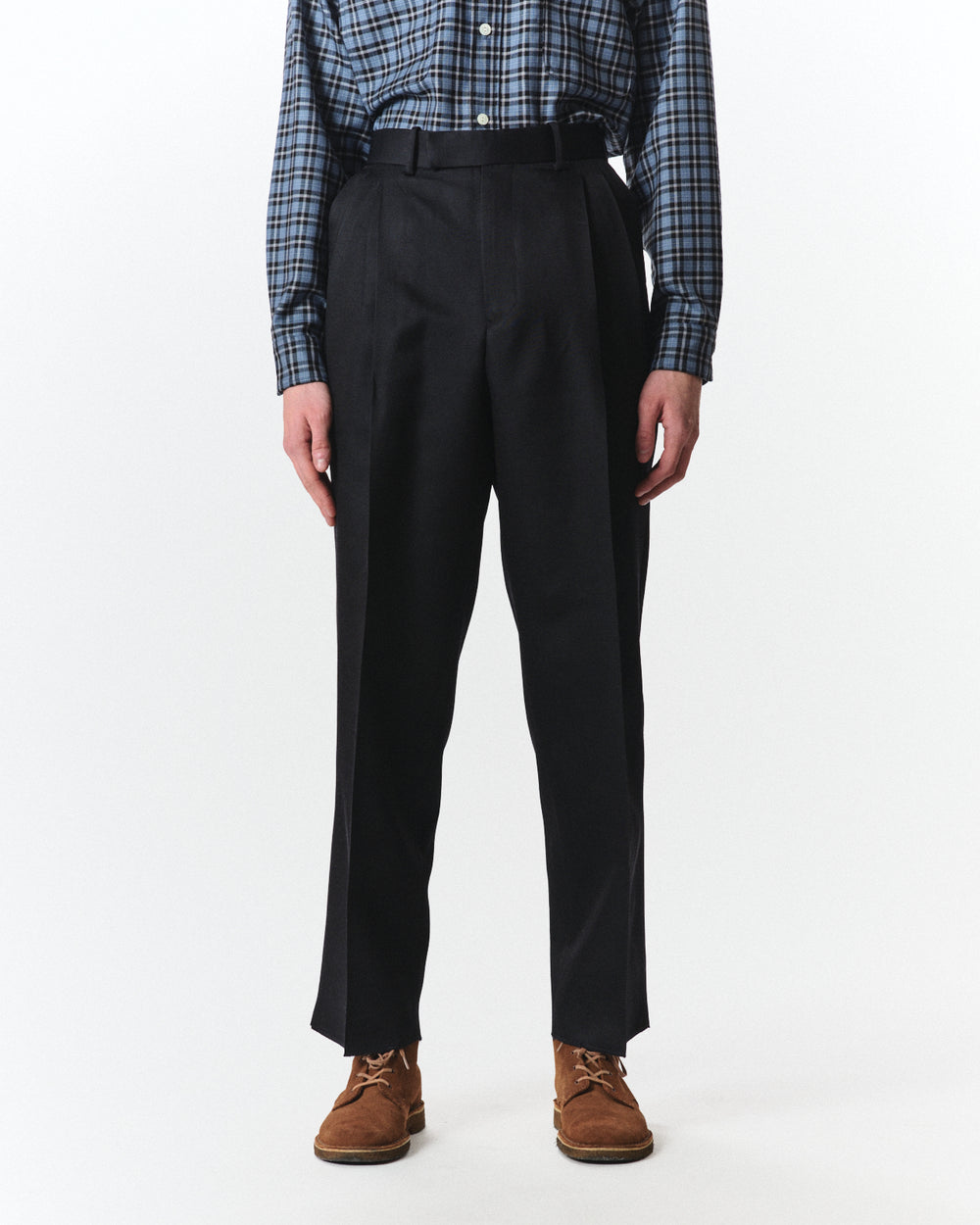 Bratac Silk × Organic Wool Double Cloth Double Pleated Trousers, Navy