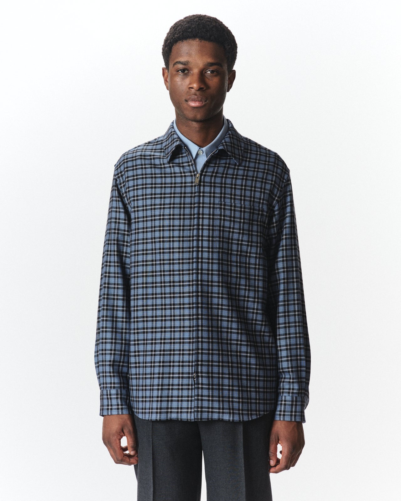 Organic Wool Viyella / Zip Shirt, Blue Check