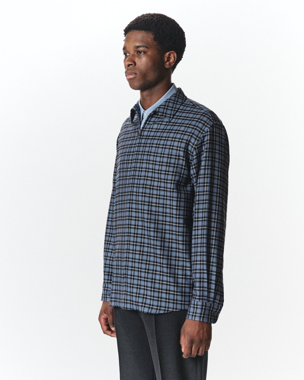 Organic Wool Viyella / Zip Shirt, Blue Check