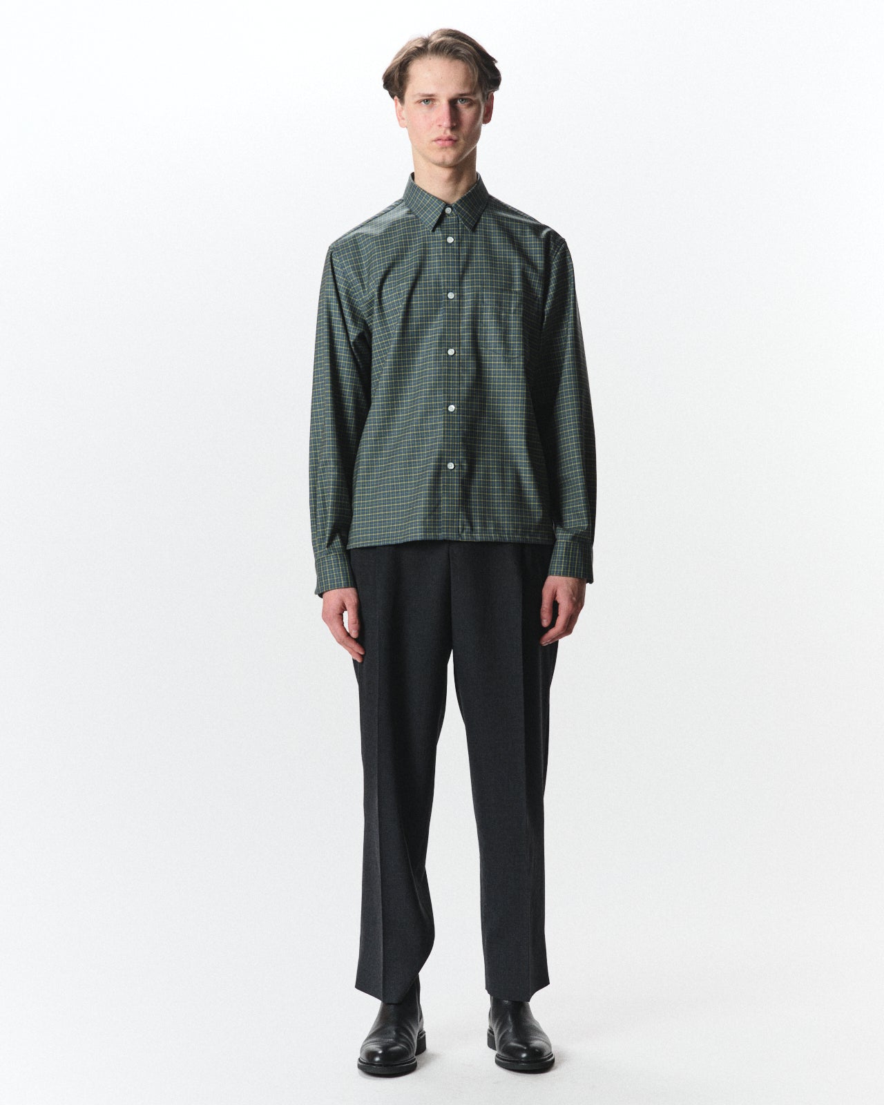 Super 160s Washable Wool Oxford / Square Shirt, Green Check