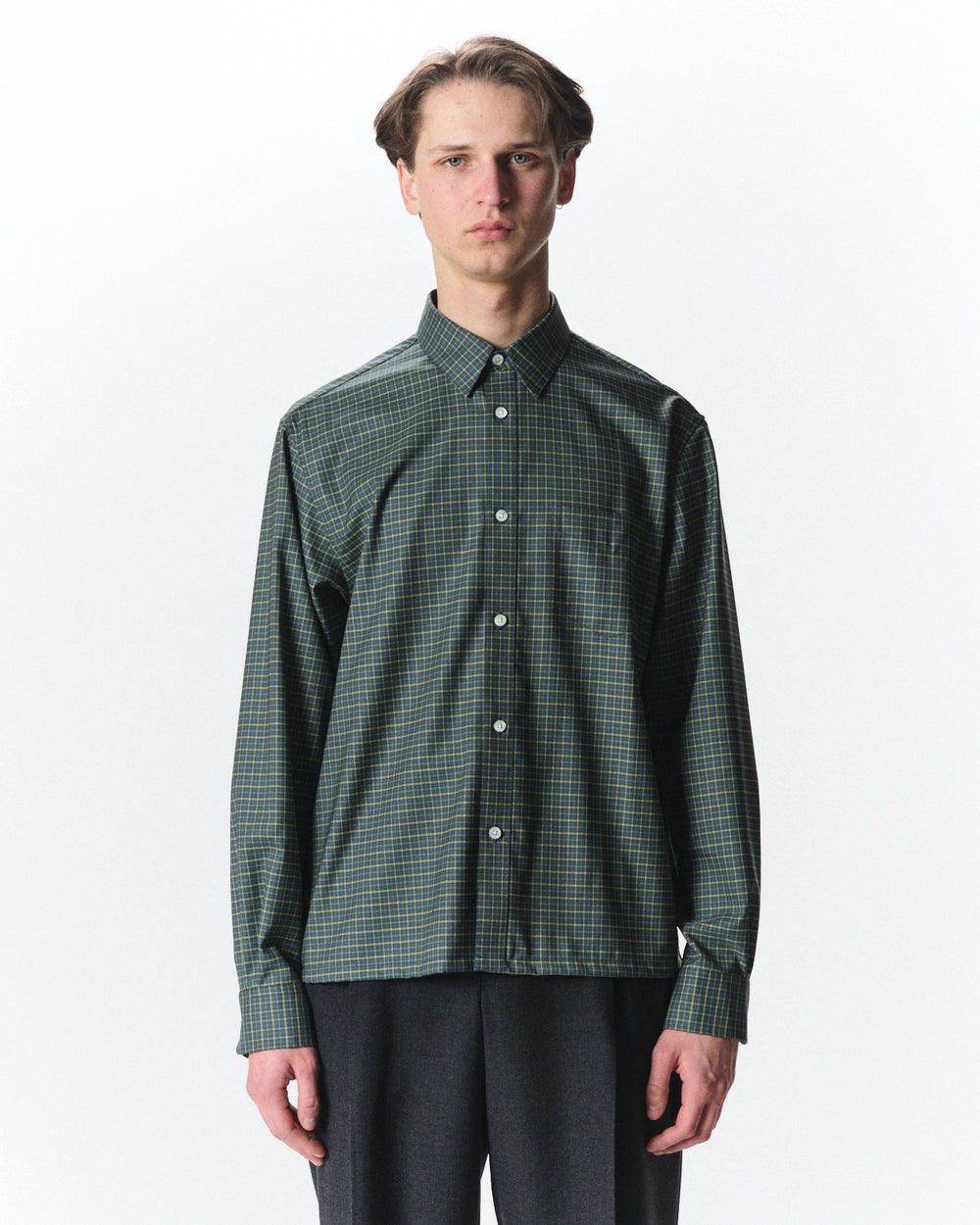 Super 160s Washable Wool Oxford / Square Shirt, Green Check