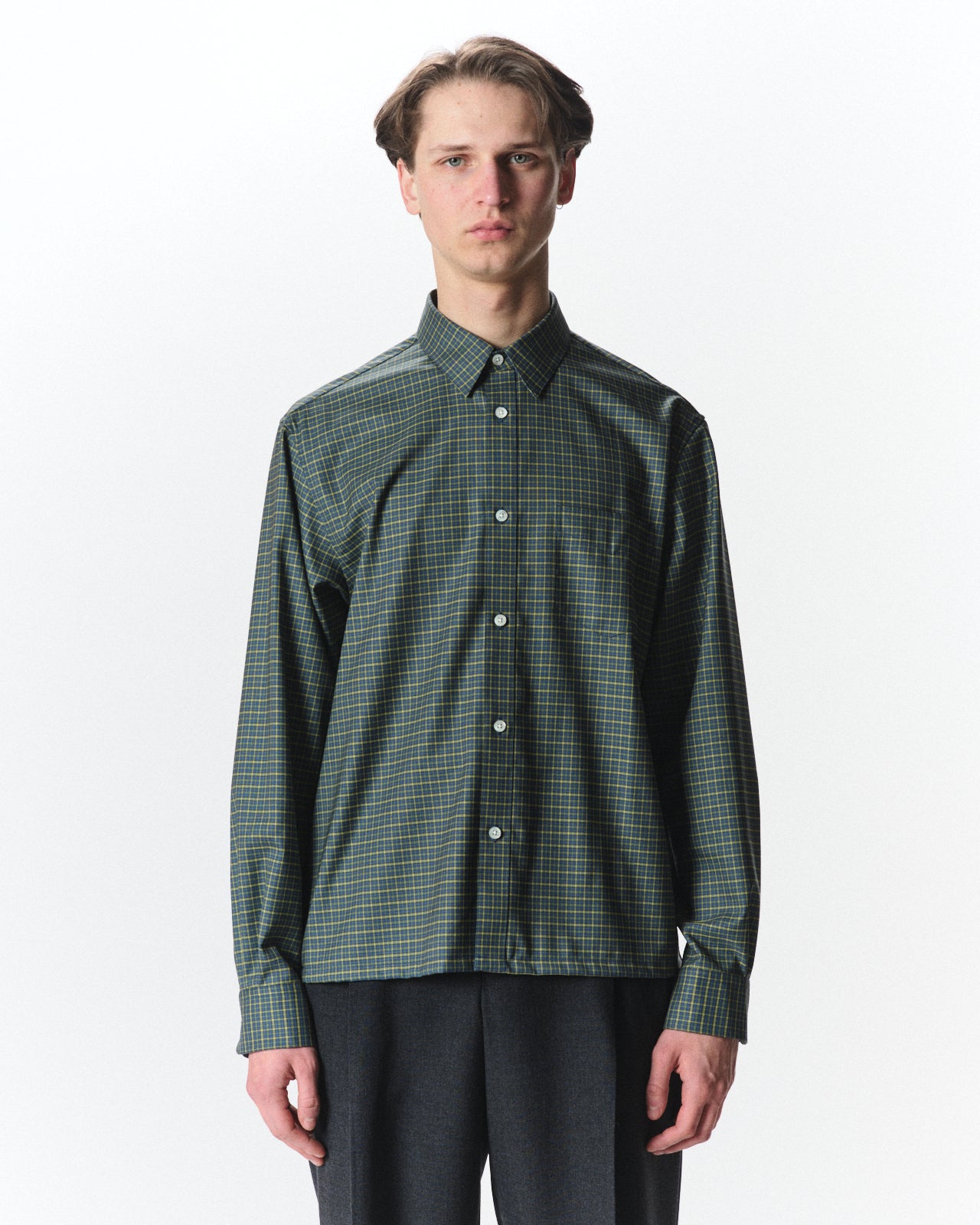 Super 160s Washable Wool Oxford / Square Shirt, Green Check