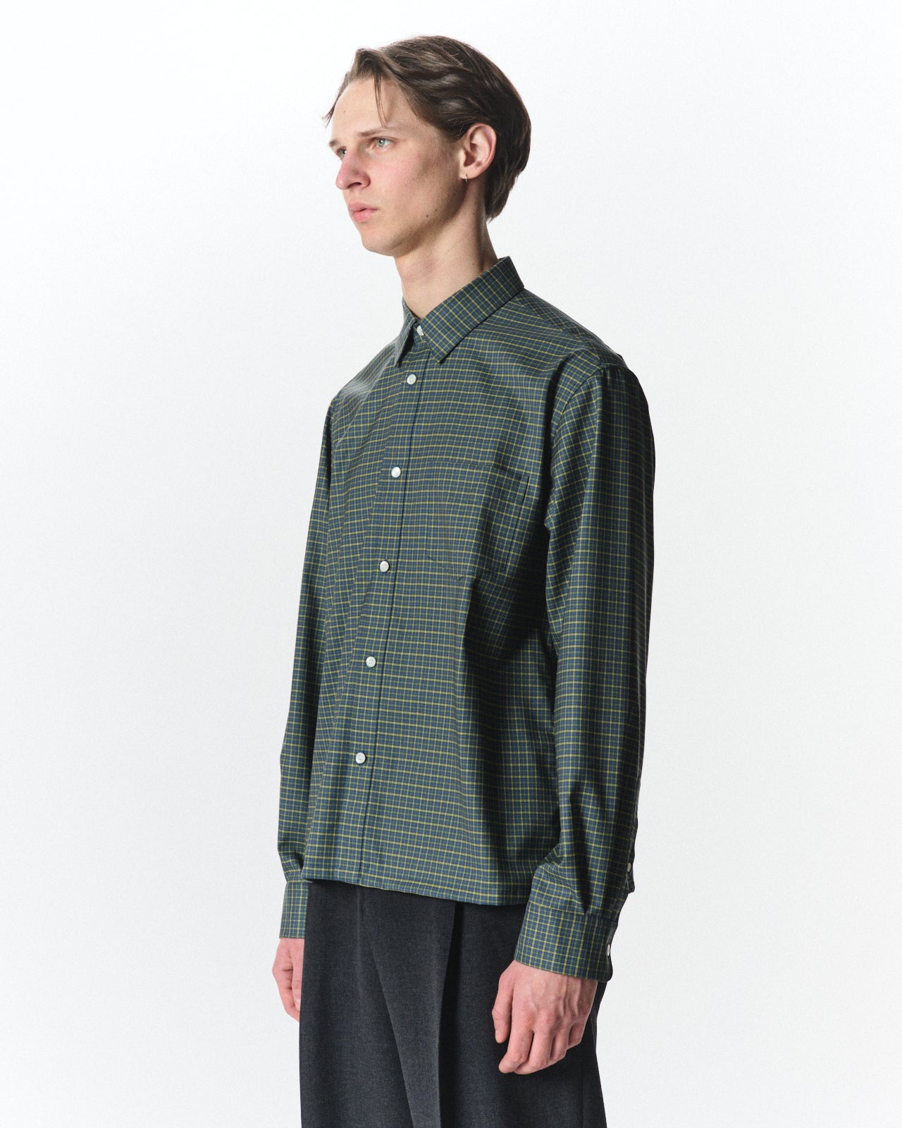 Super 160s Washable Wool Oxford / Square Shirt, Green Check