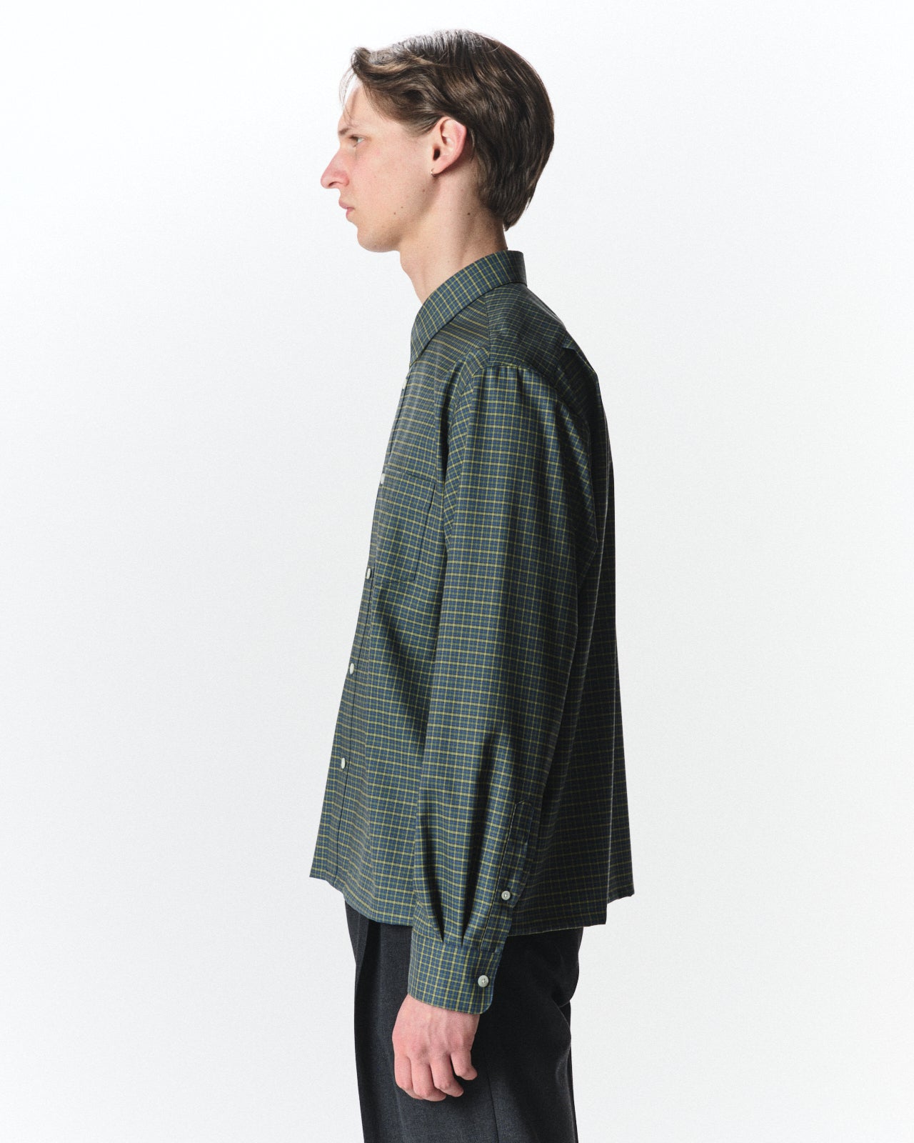 Super 160s Washable Wool Oxford / Square Shirt, Green Check