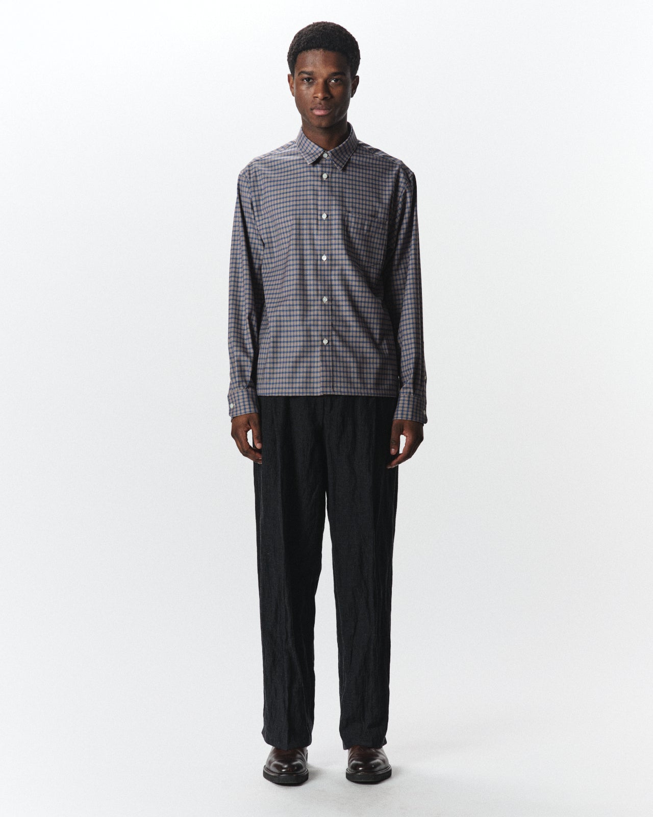 Super 160s Washable Wool Oxford / Square Shirt, Brown Check