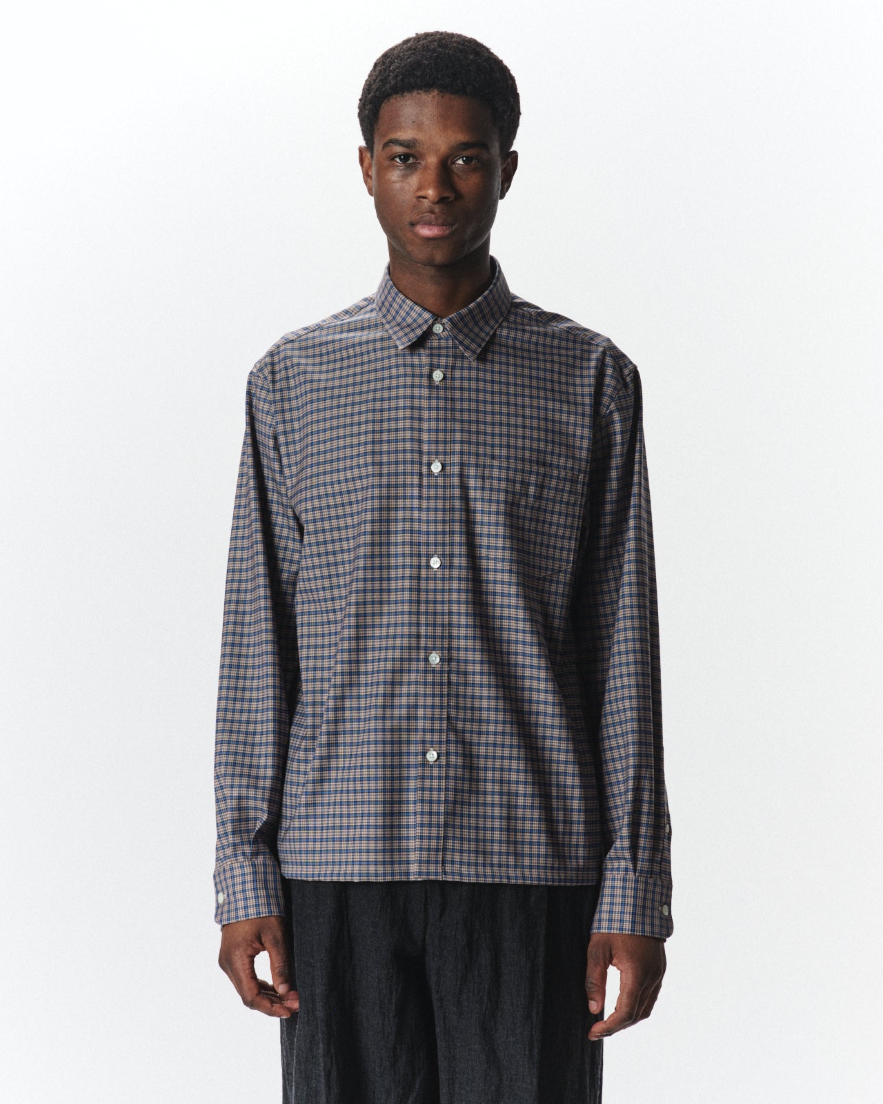 Super 160s Washable Wool Oxford / Square Shirt, Brown Check