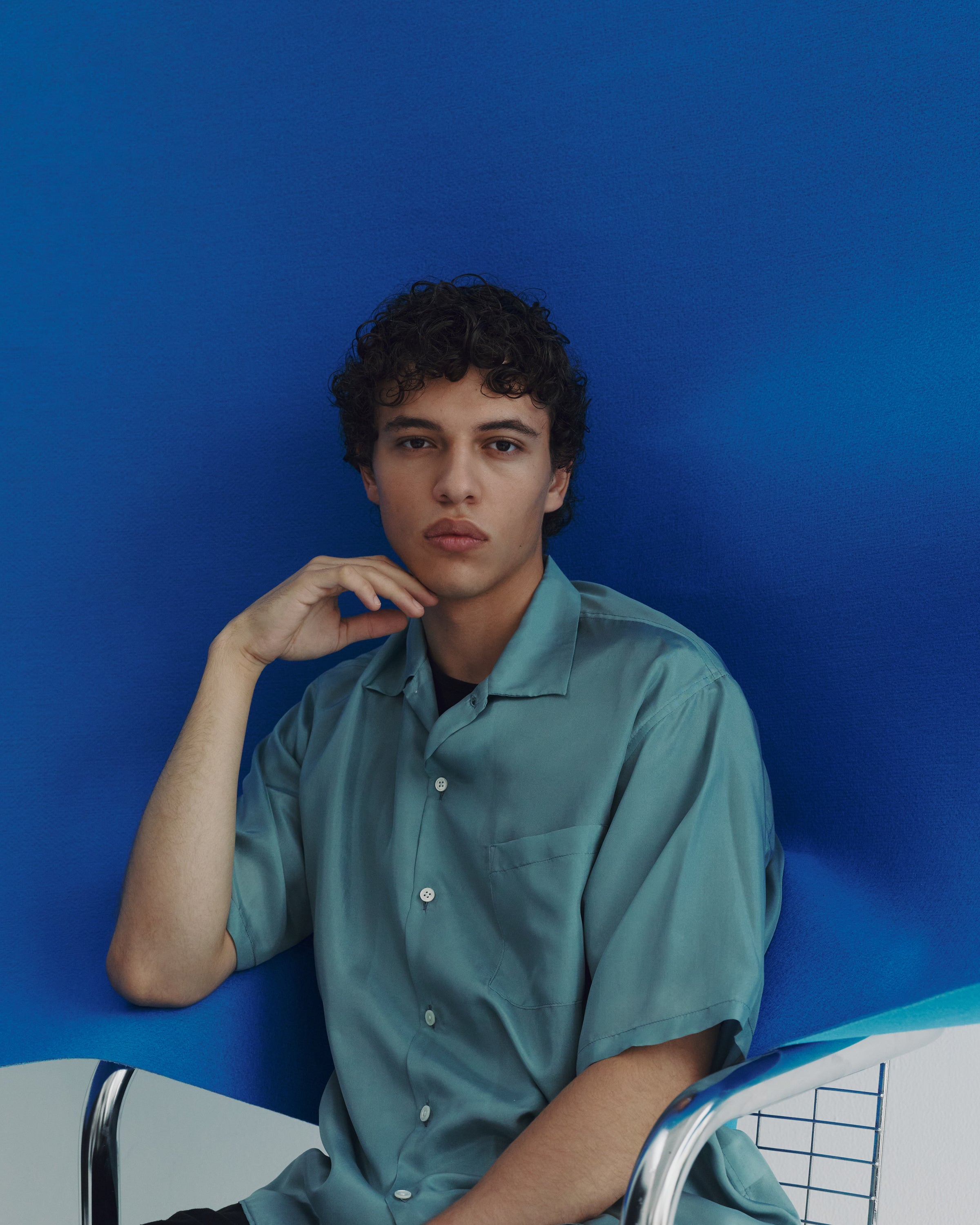 8匁シルク羽二重 / シルクオープンカラーS/Sシャツ, Blue Green