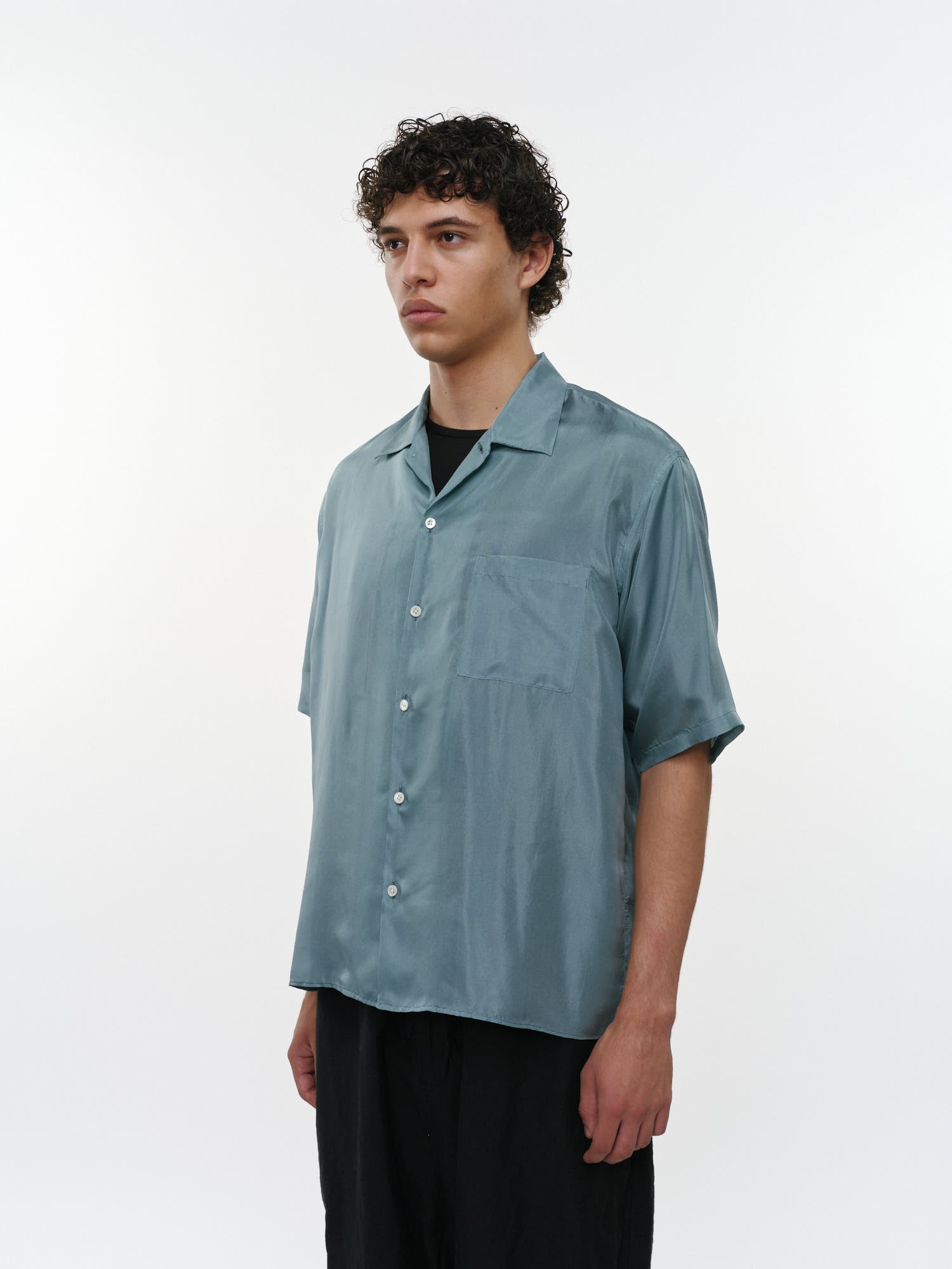 8匁シルク羽二重 / シルクオープンカラーS/Sシャツ, Blue Green