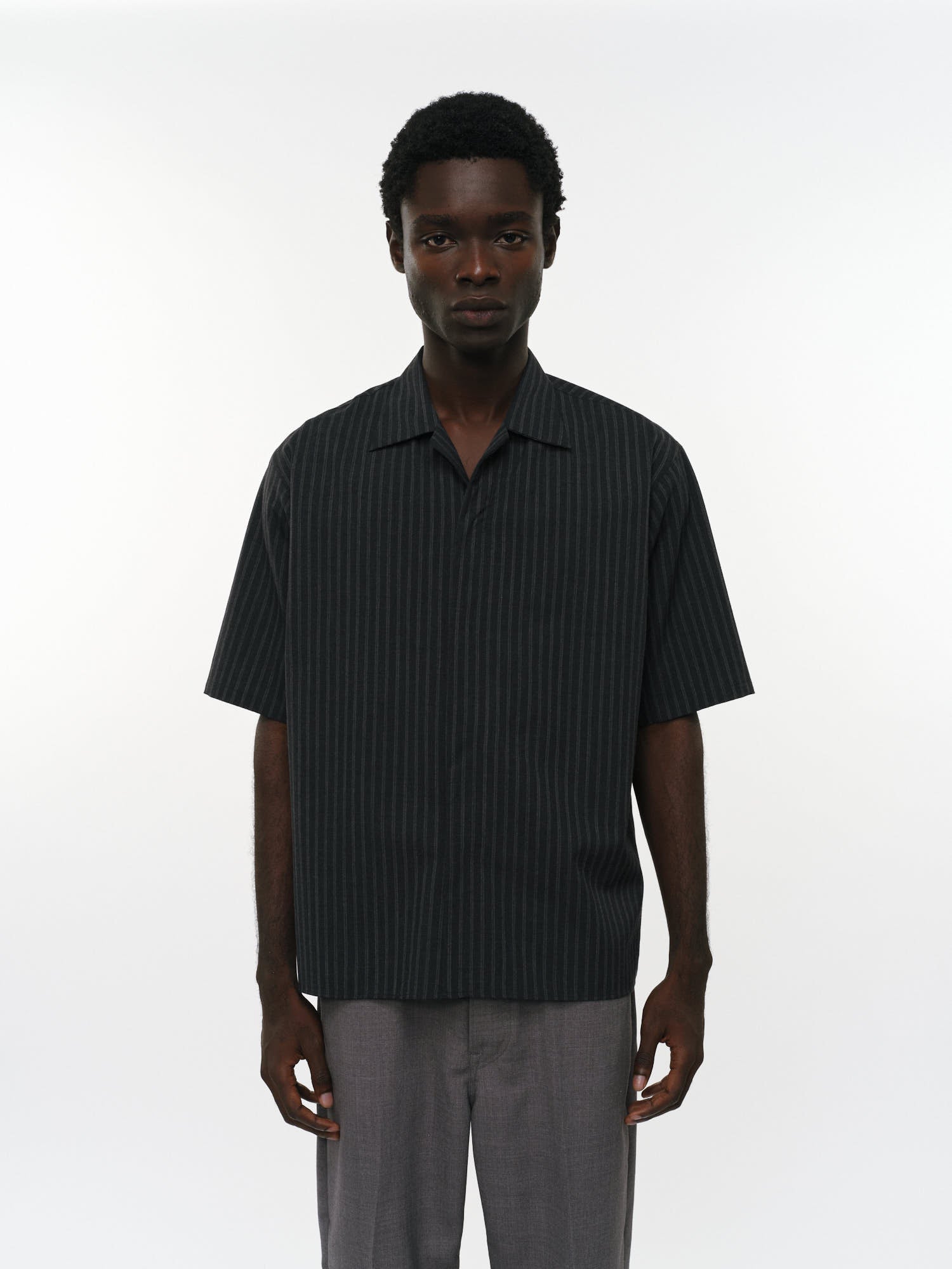 2/72ウールトロピカルワッシャー / フライフロントオープンカラーS/Sシャツ, Gray Stripe