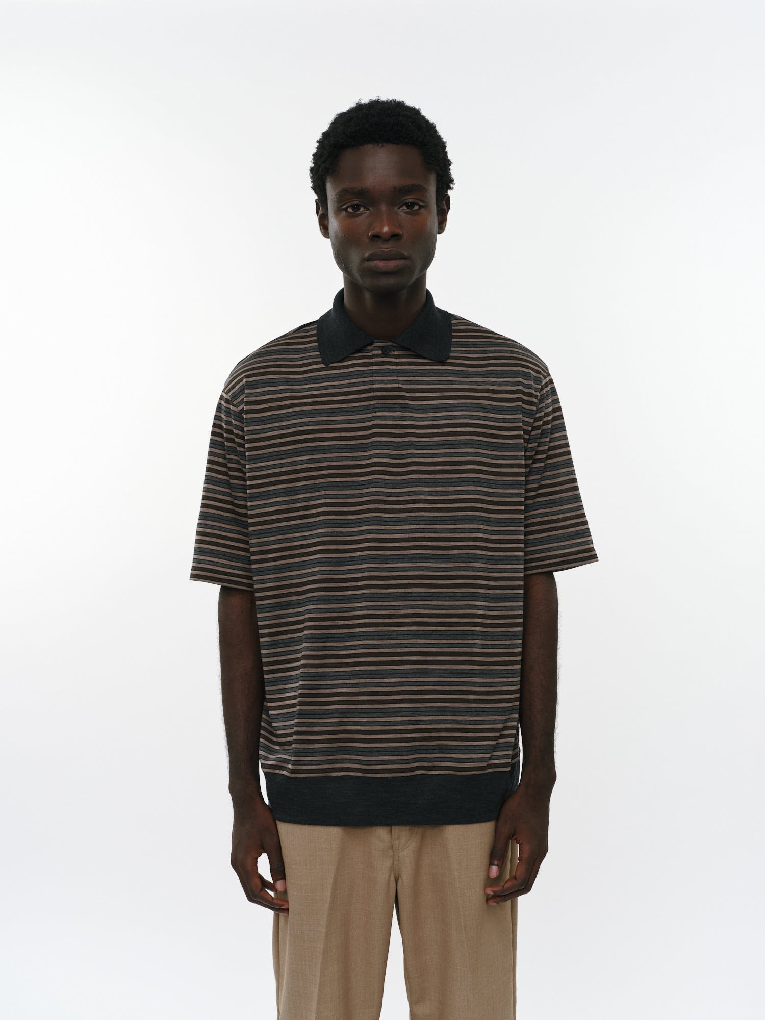 Super120sウォッシャブルウール天竺 / ワンボタンポロTeeS/S, Beige Border