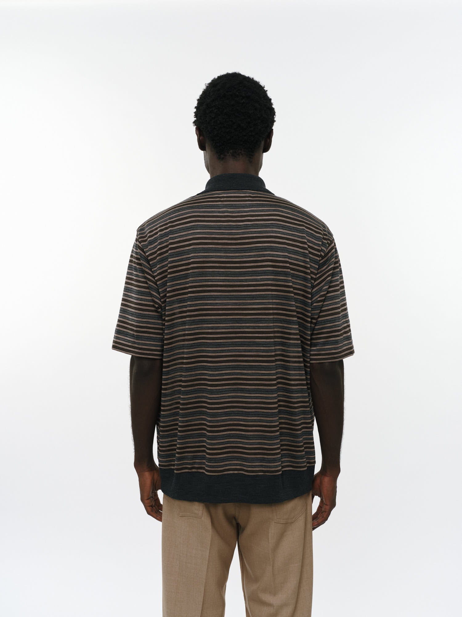 Super120sウォッシャブルウール天竺 / ワンボタンポロTeeS/S, Beige Border