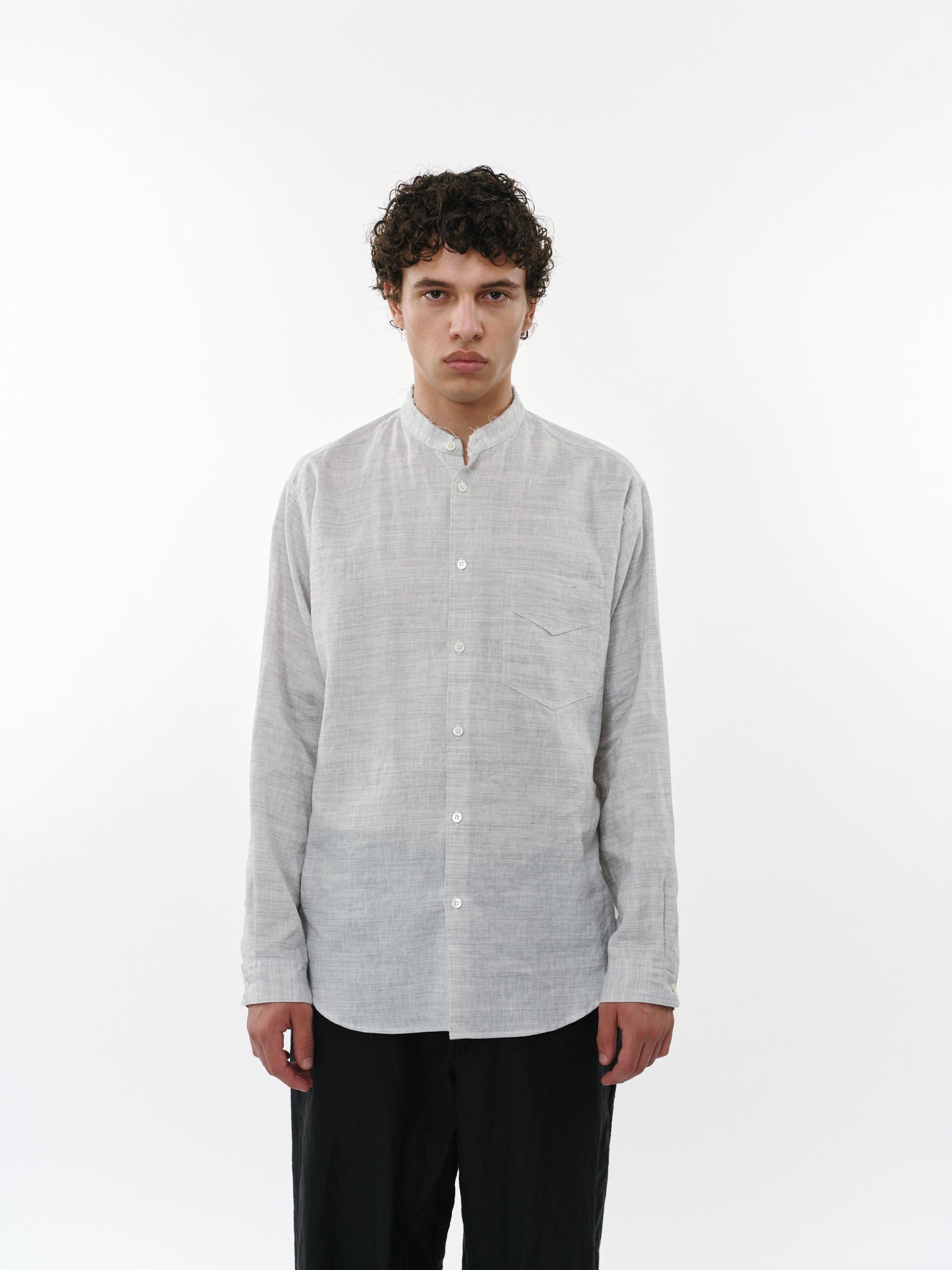 リネンラミーシャンブレー / バンドカラーシャツ, Gray