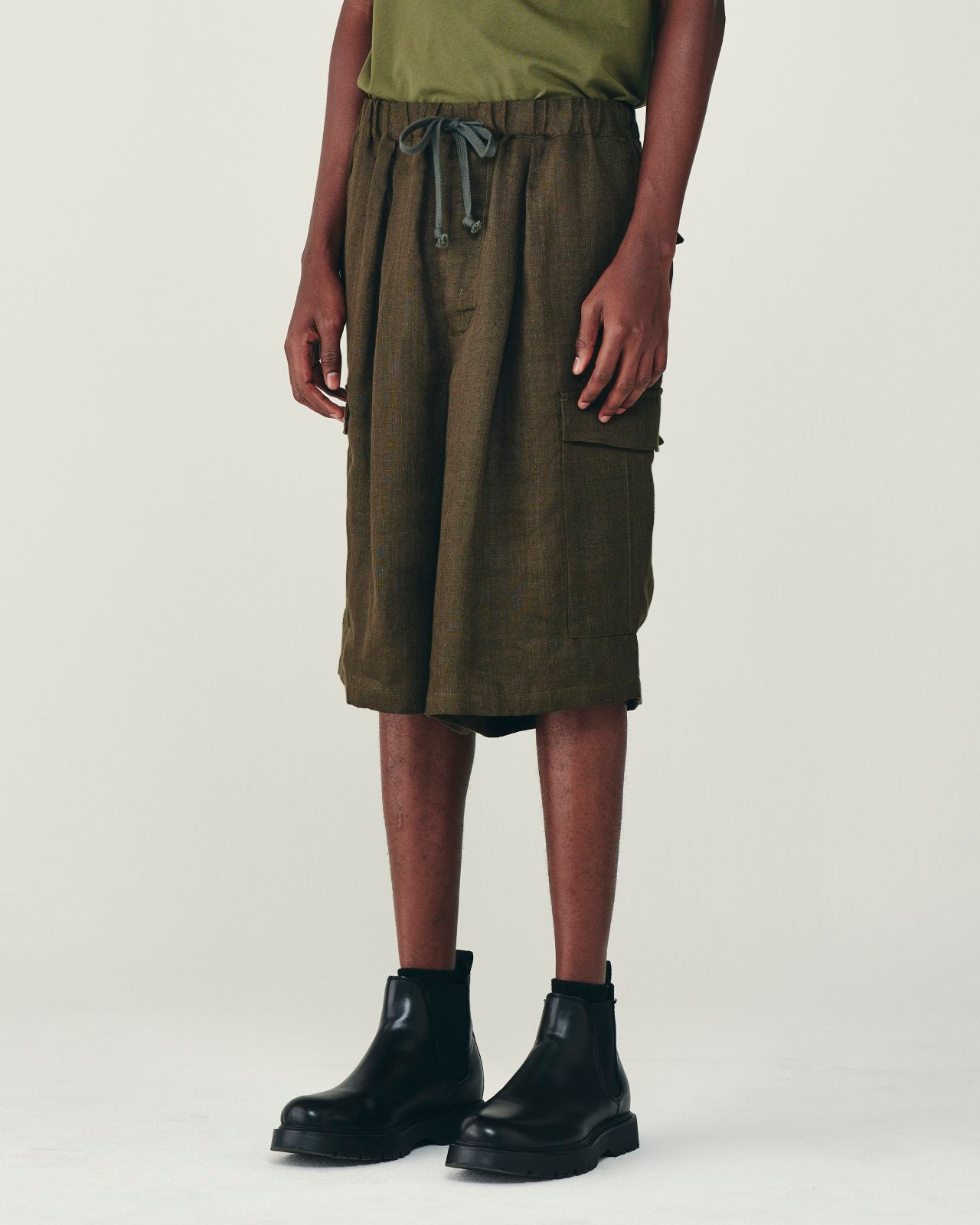 リネンガーゼダブルクロス / ワイドカーゴショーツ, Olive