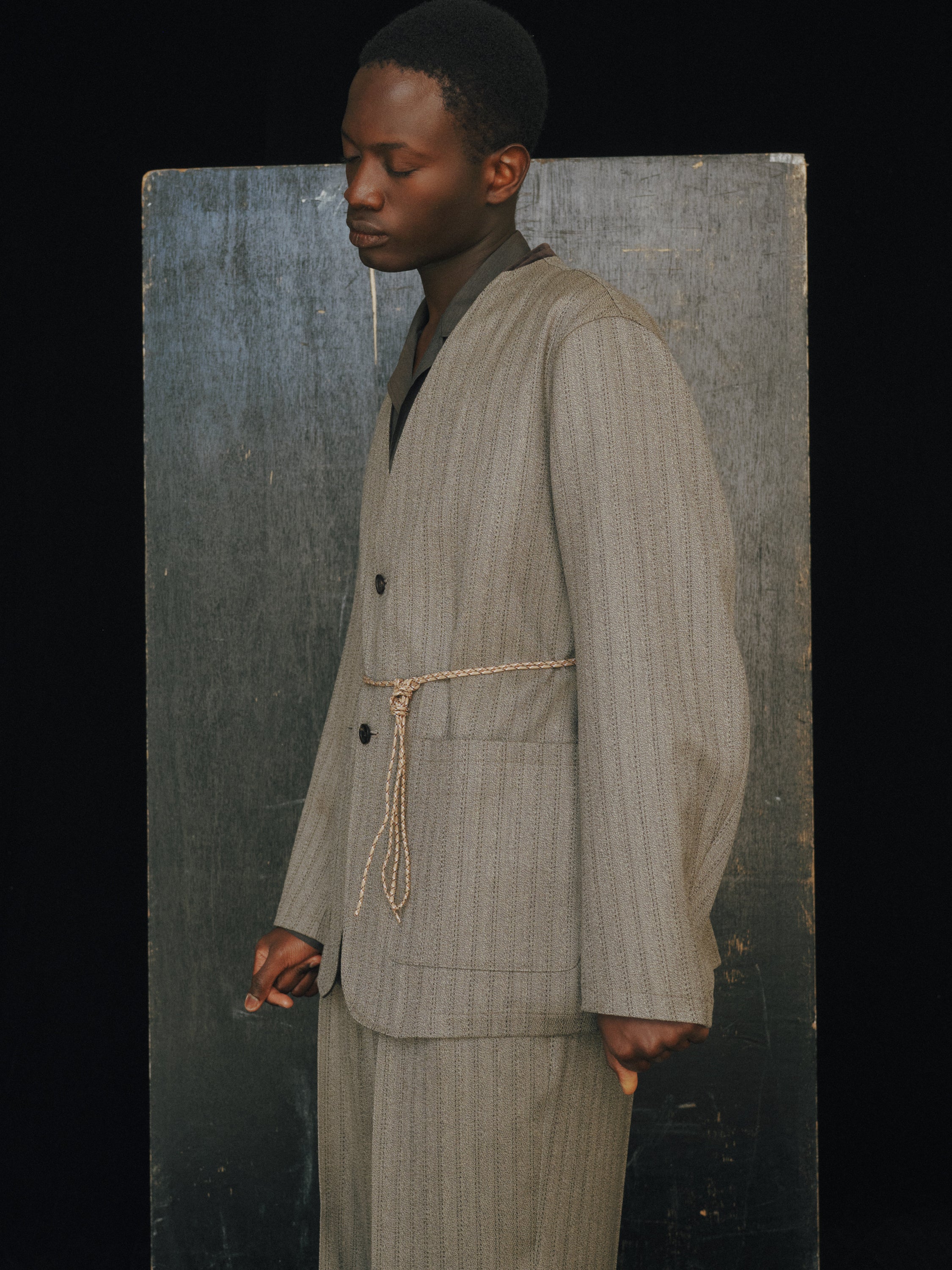 Organic Wool Twisted Melange Herringbone / Lapelless Jacket, Greige